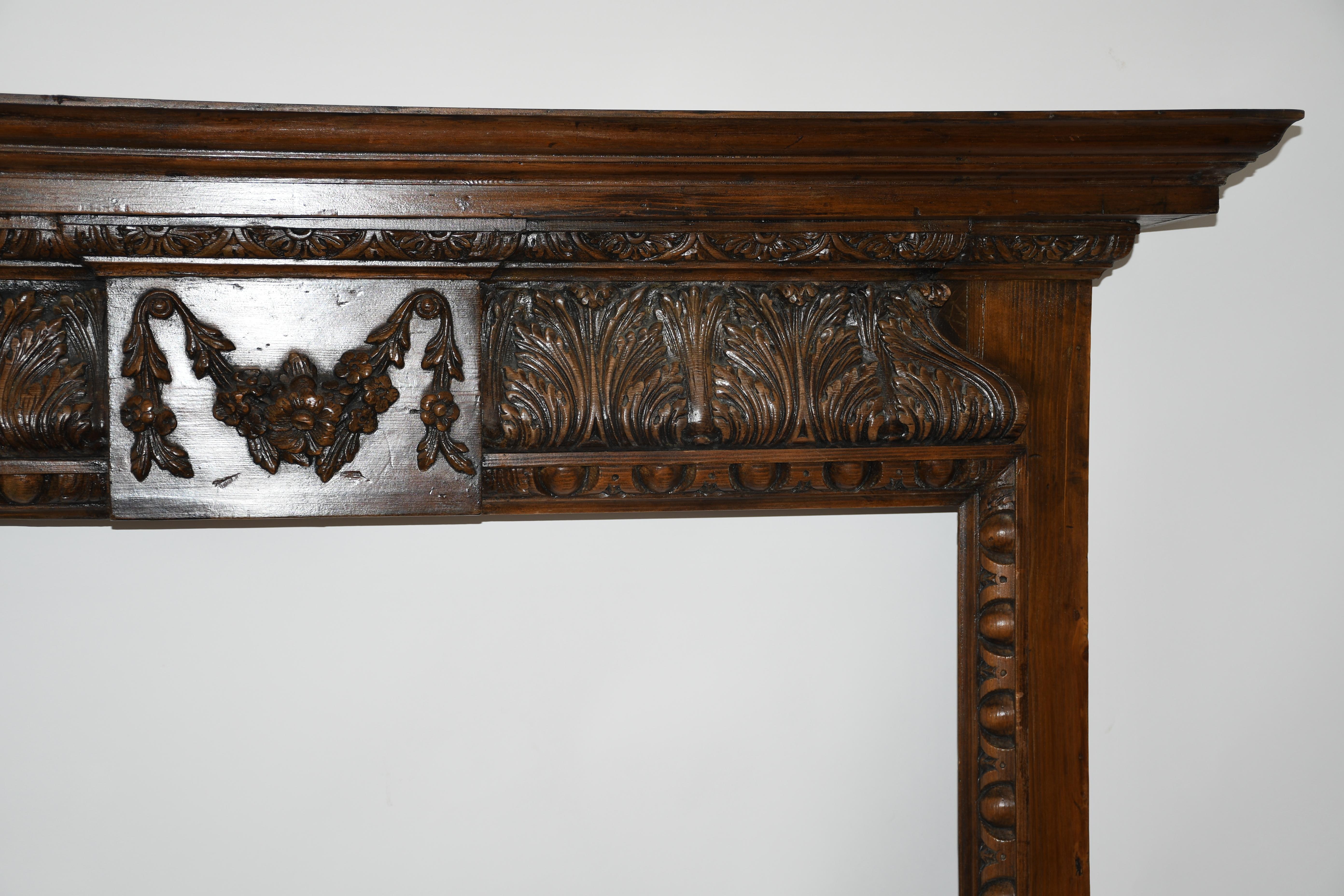 Old Impressive Generously Carved Pine Fire Surround / Mantle from England For Sale 4