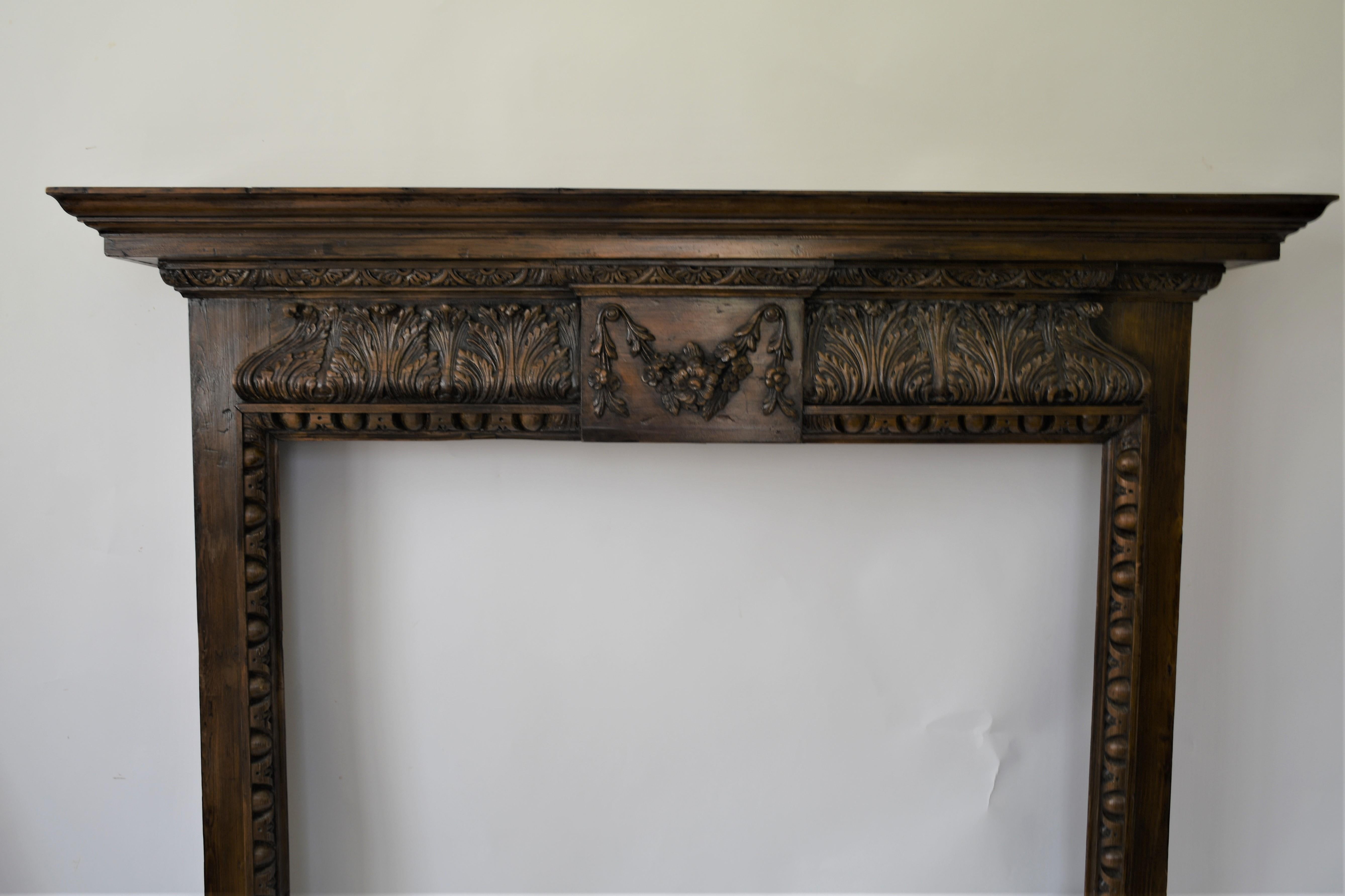 Old Impressive Generously Carved Pine Fire Surround / Mantle from England For Sale 7