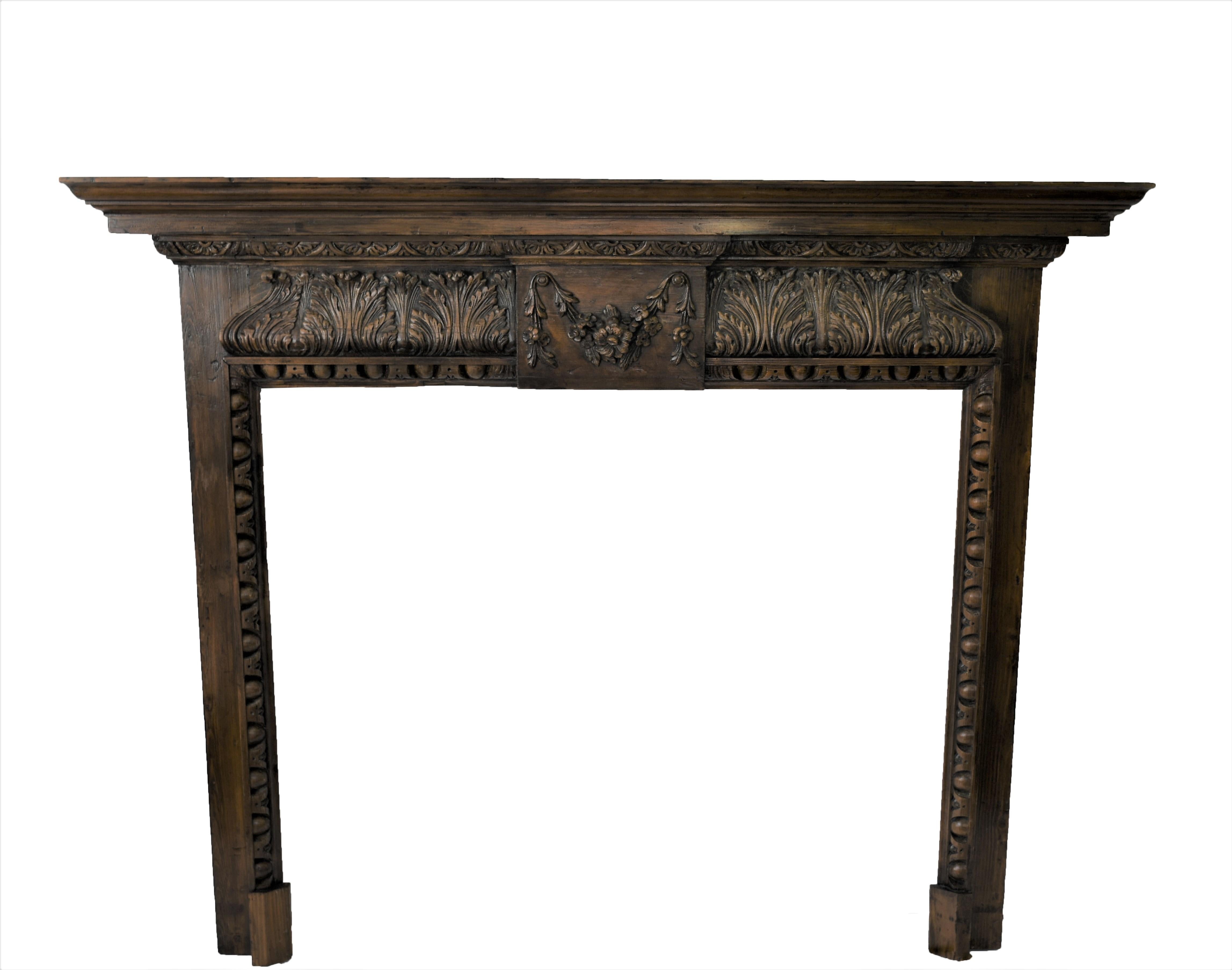 Impressive old generously hand carved pine fire surround mantle from England.

Opening 41
