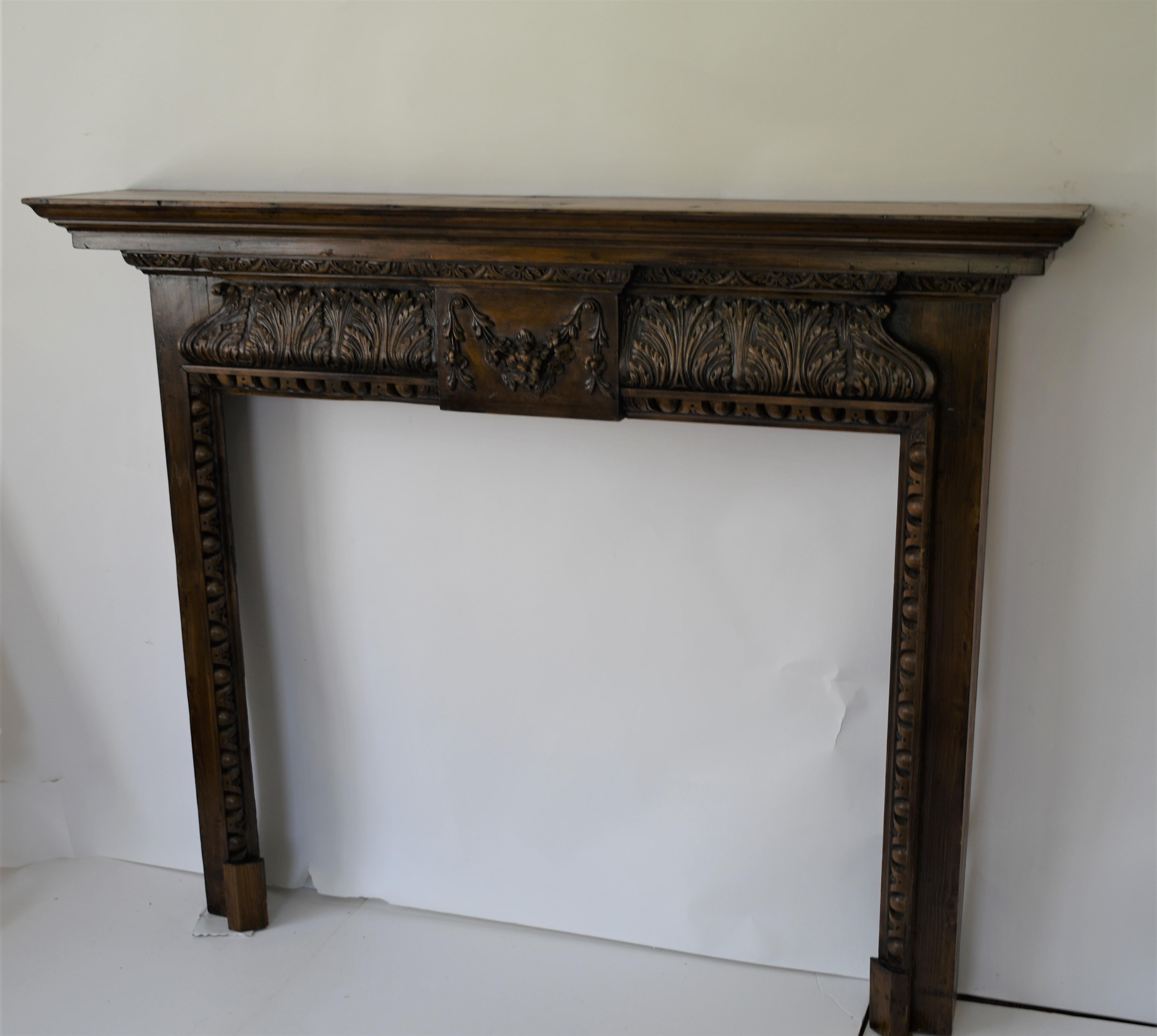 English Old Impressive Generously Carved Pine Fire Surround / Mantle from England For Sale