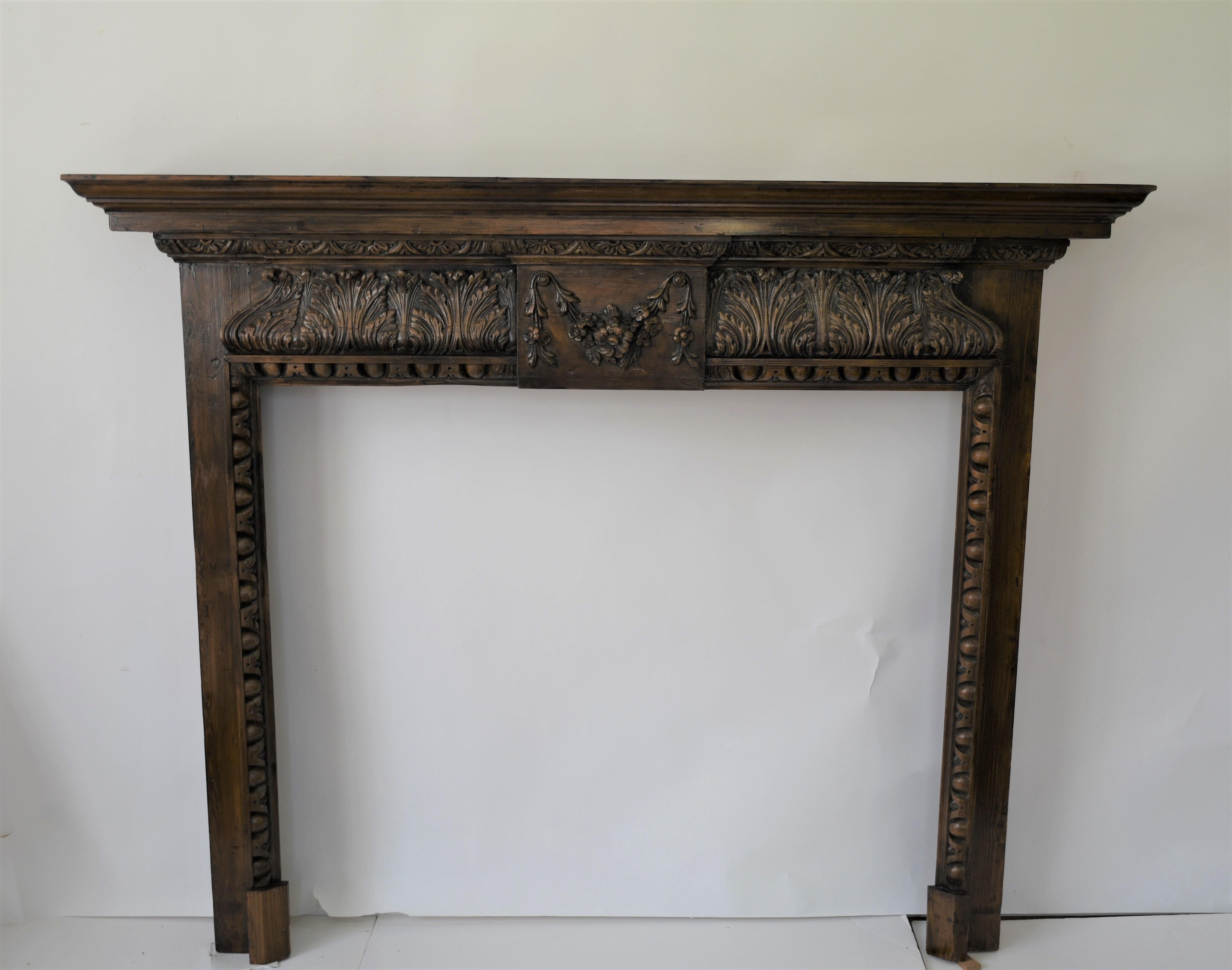 Hand-Carved Old Impressive Generously Carved Pine Fire Surround / Mantle from England For Sale