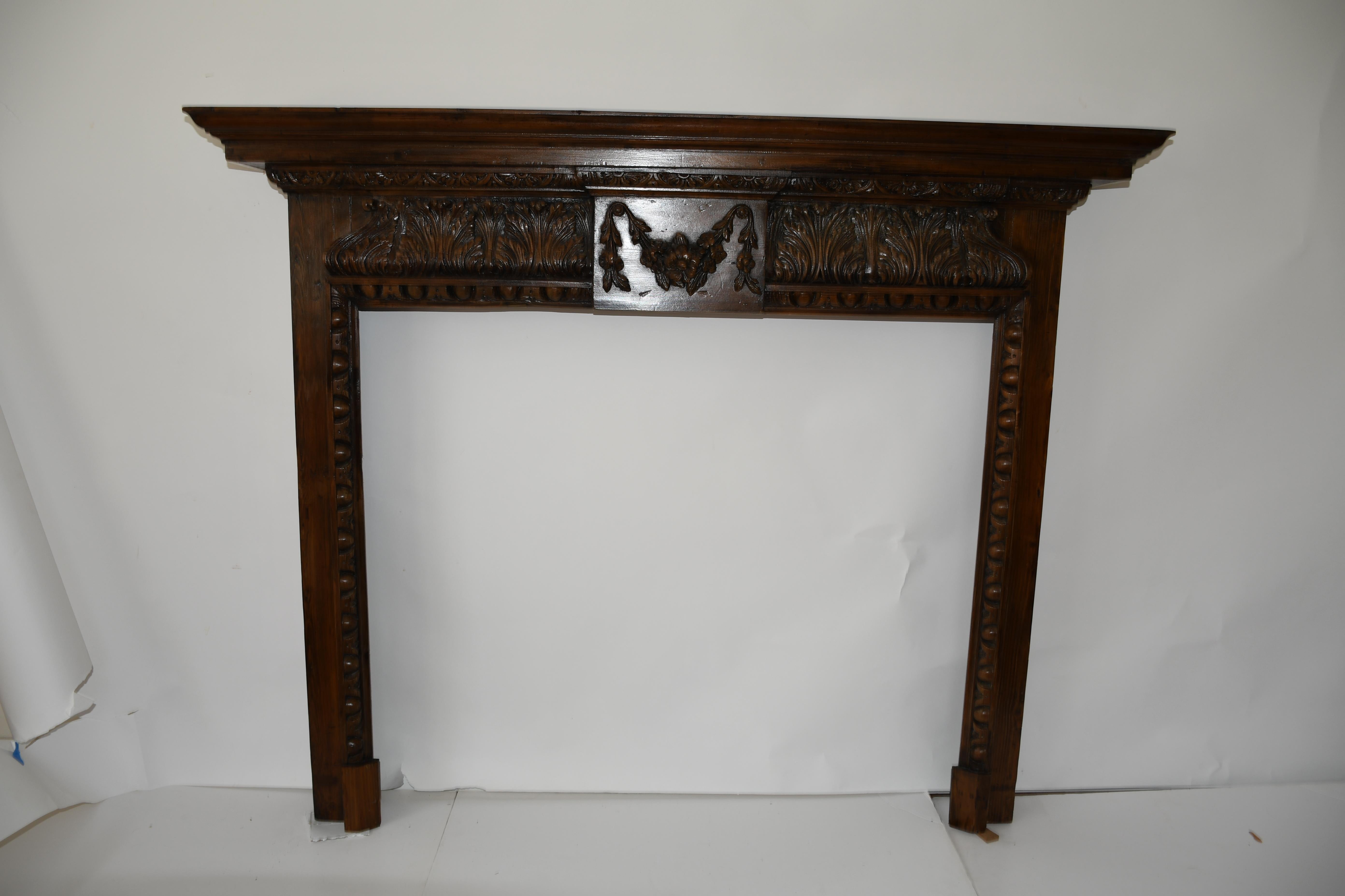 Old Impressive Generously Carved Pine Fire Surround / Mantle from England In Good Condition For Sale In North Salem, NY
