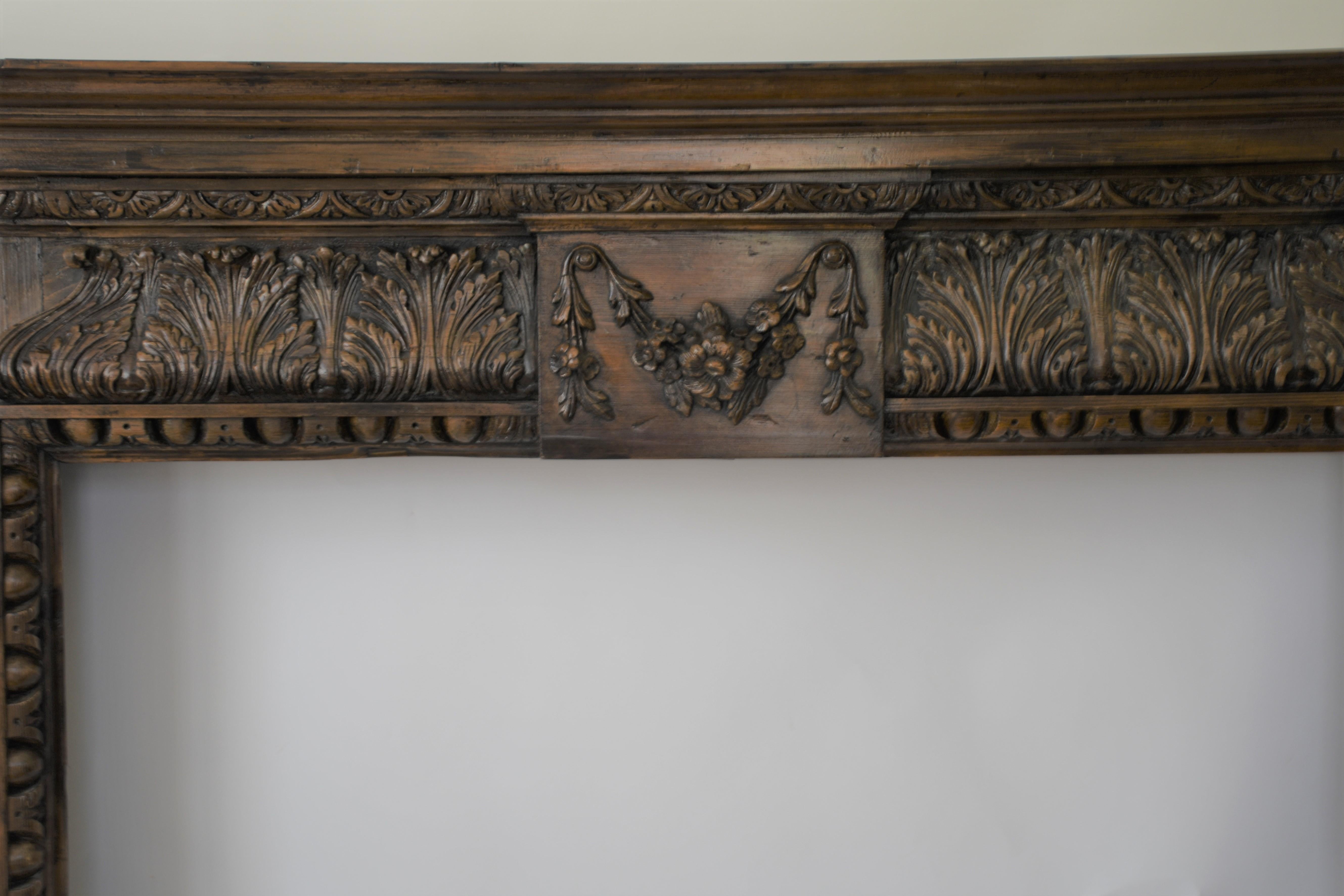 Old Impressive Generously Carved Pine Fire Surround / Mantle from England For Sale 1