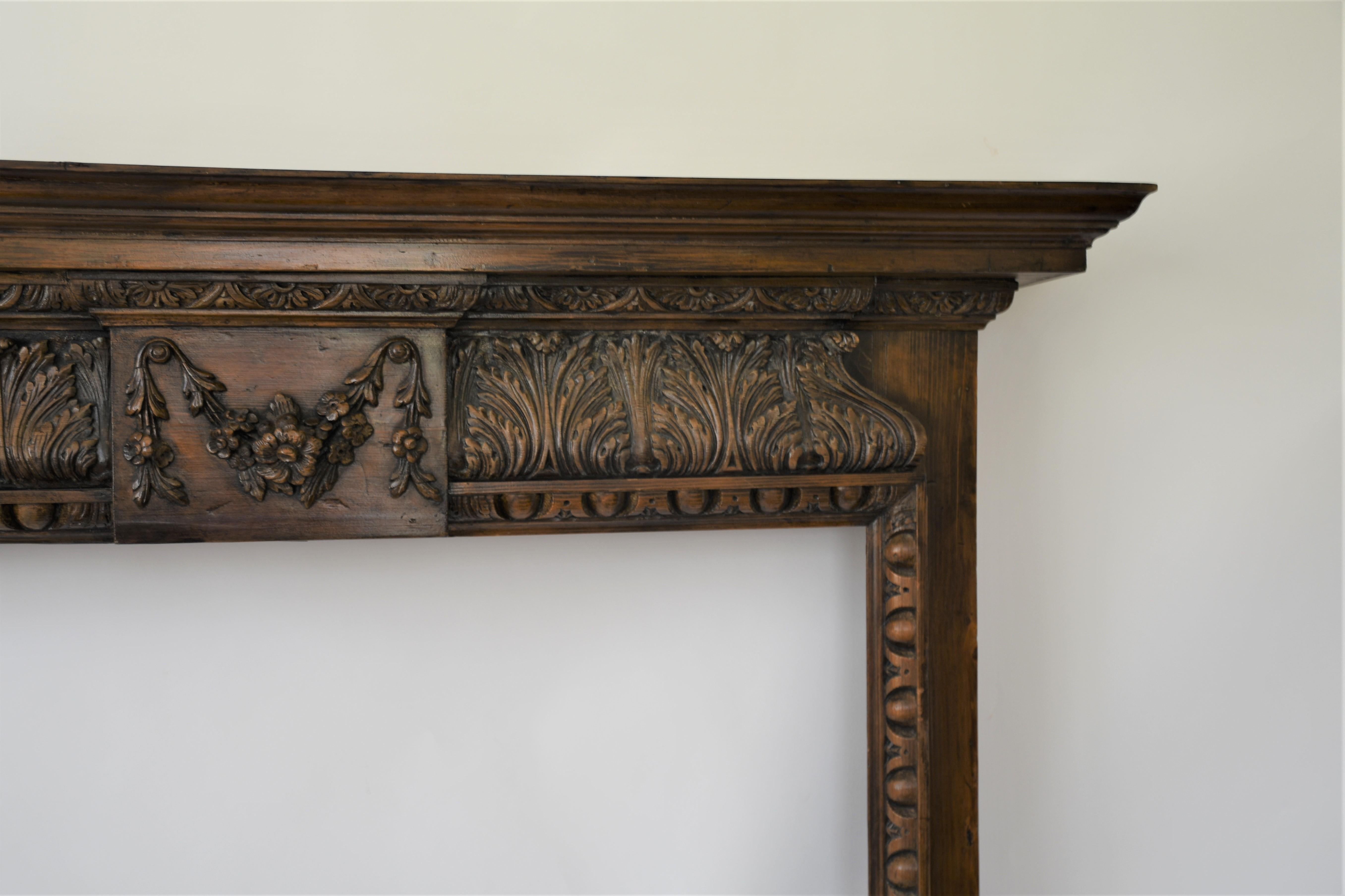 Old Impressive Generously Carved Pine Fire Surround / Mantle from England For Sale 3