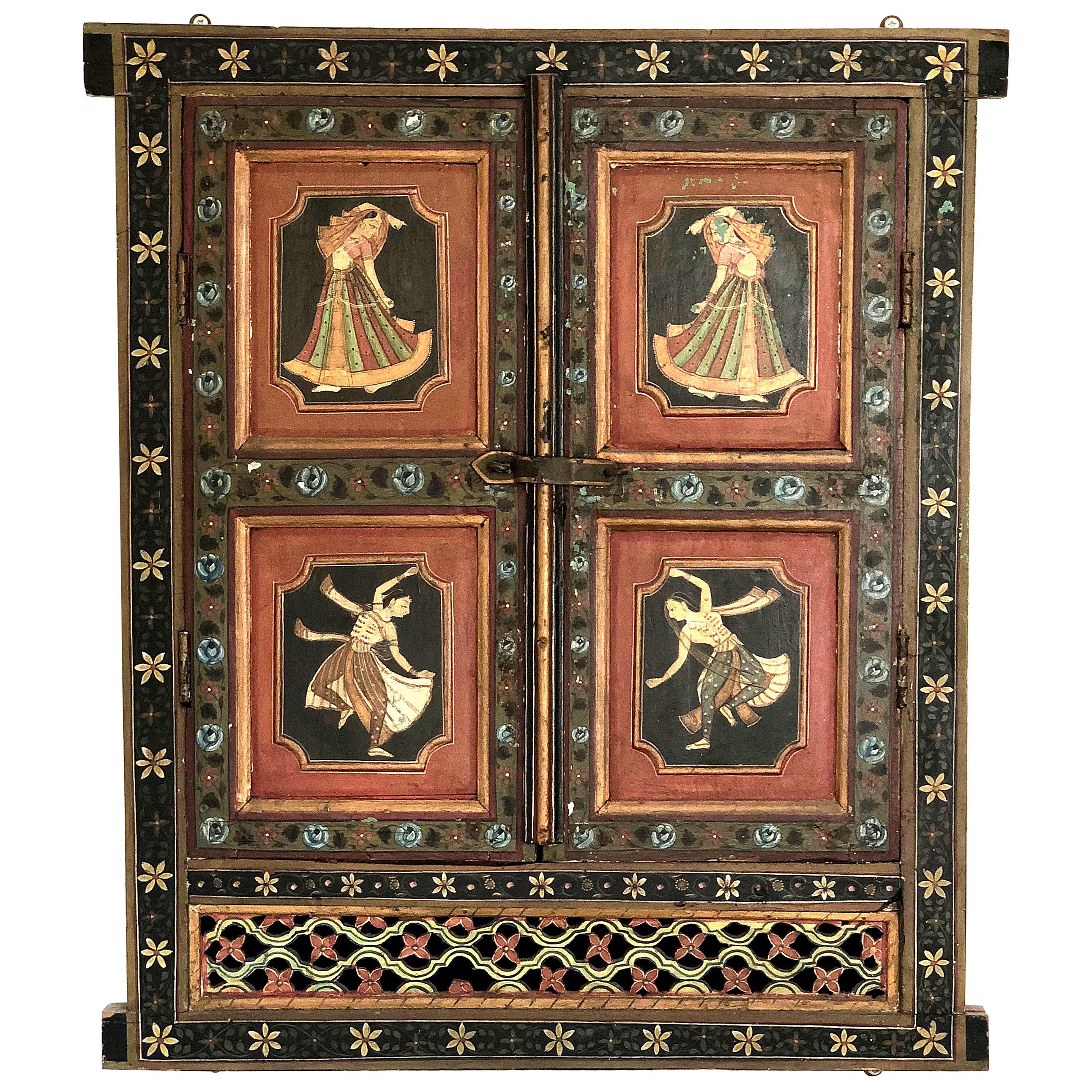 Old Indian Hand Painted Carved Wood Window Frame Indian Dancers, 19th Century For Sale