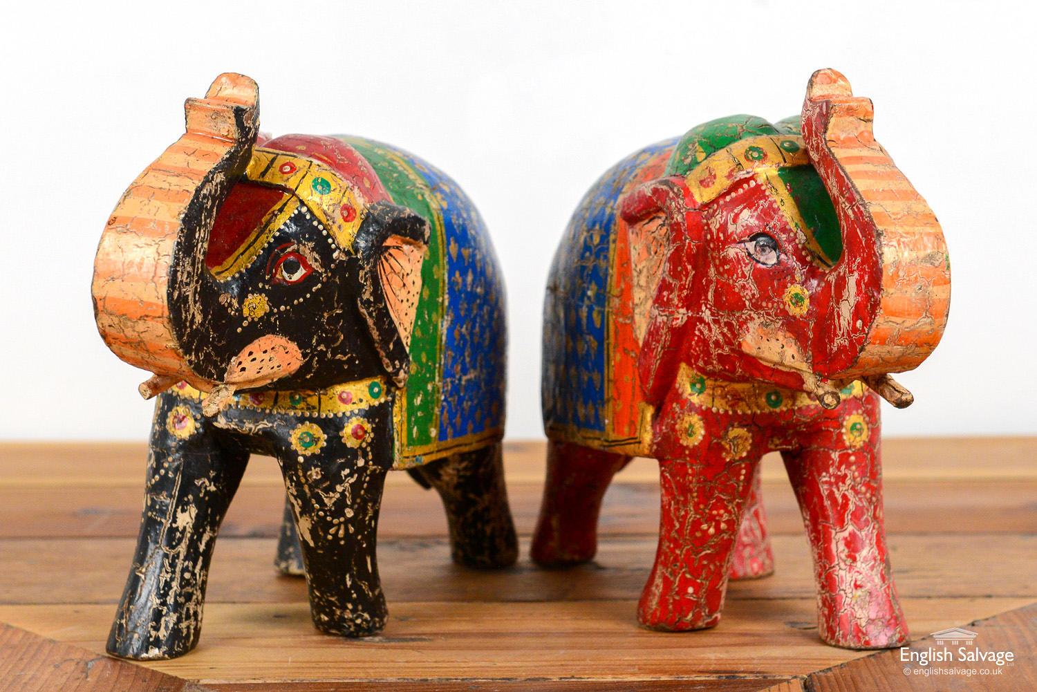 Asian Old Indian Hand Painted Elephants, 20th Century For Sale