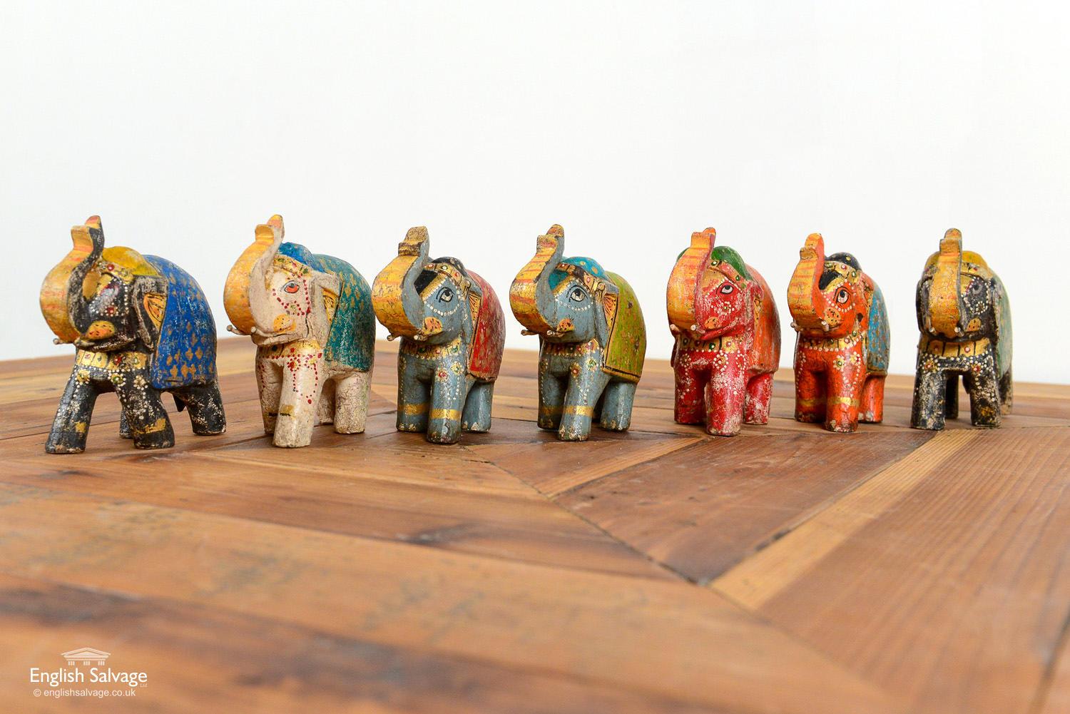 Wood Old Indian Hand Painted Elephants, 20th Century For Sale
