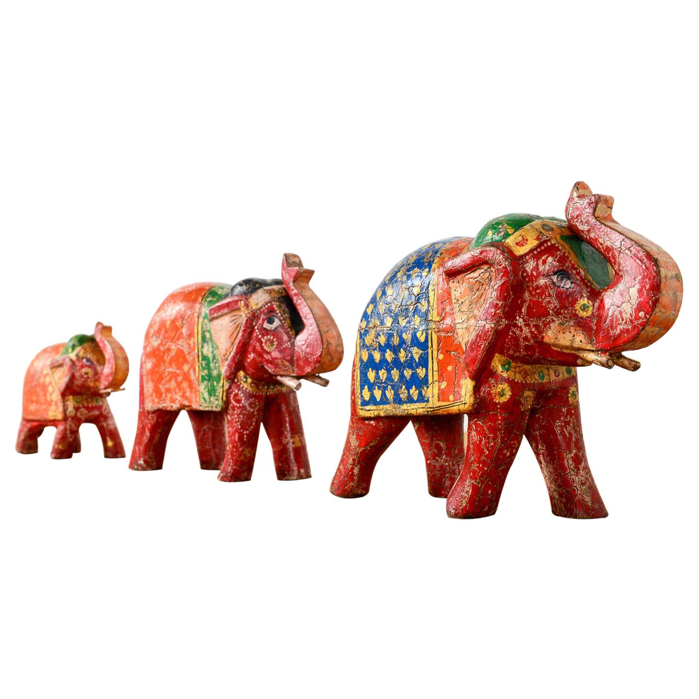 Old Indian Hand Painted Elephants, 20th Century For Sale