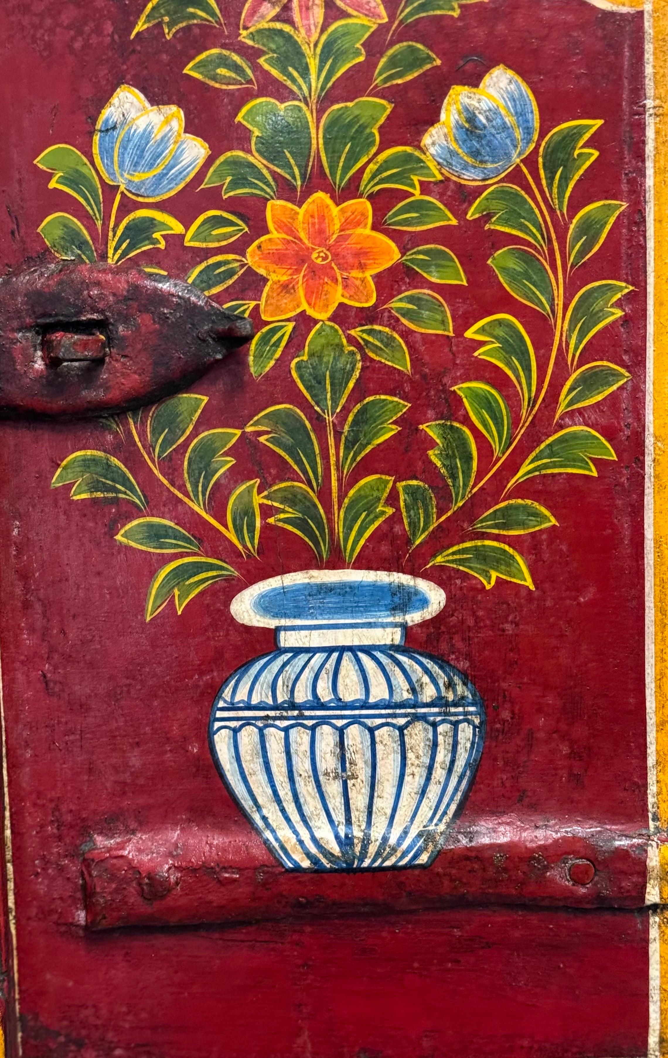 OLD INDiAN PAINTED WOOD WINDOW FRAME FLOWER AND VASE  For Sale 3