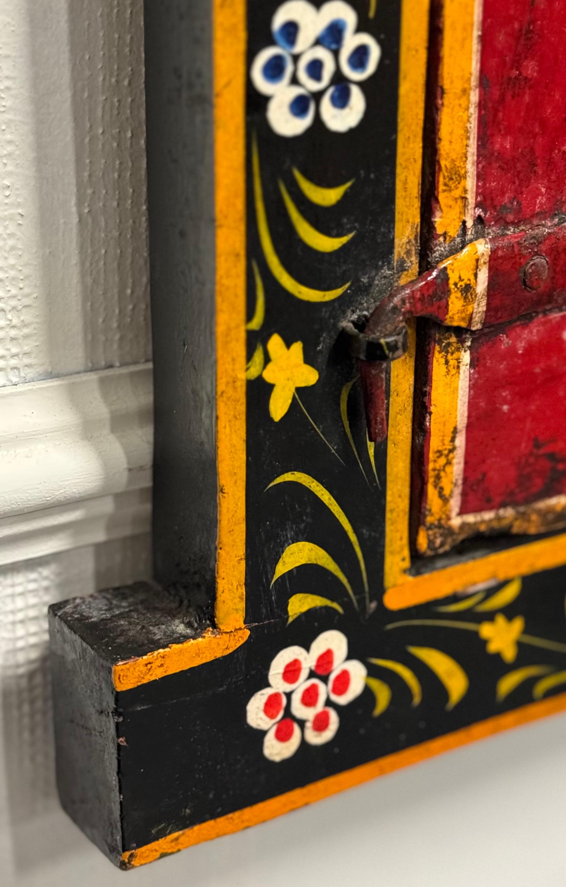 OLD INDiAN PAINTED WOOD WINDOW FRAME FLOWER AND VASE  For Sale 8