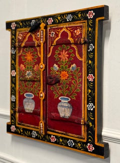 OLD INDiAN PAINTED WOOD WINDOW FRAME FLOWER AND VASE