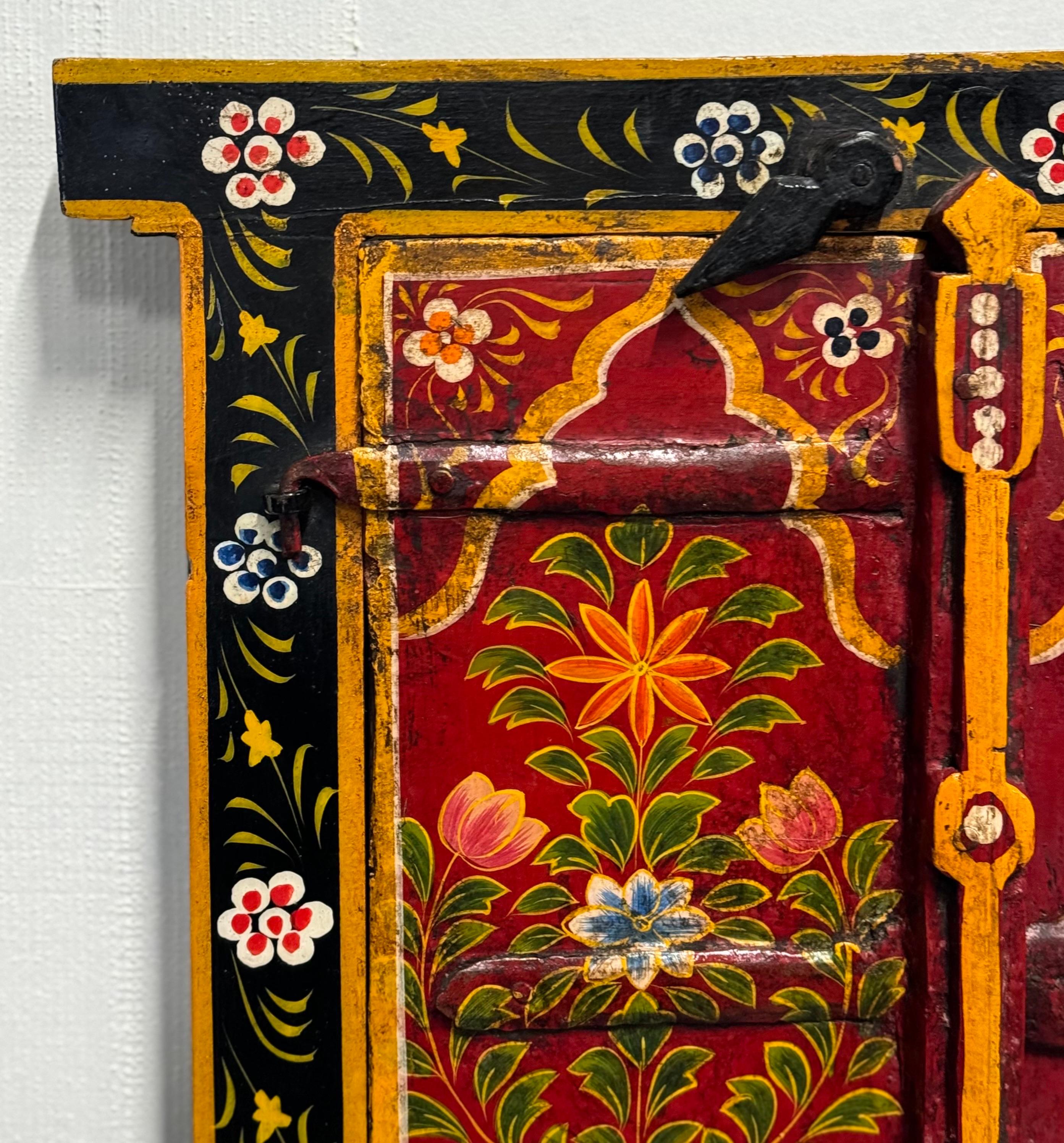 Hand-Crafted OLD INDiAN PAINTED WOOD WINDOW FRAME FLOWER AND VASE  For Sale