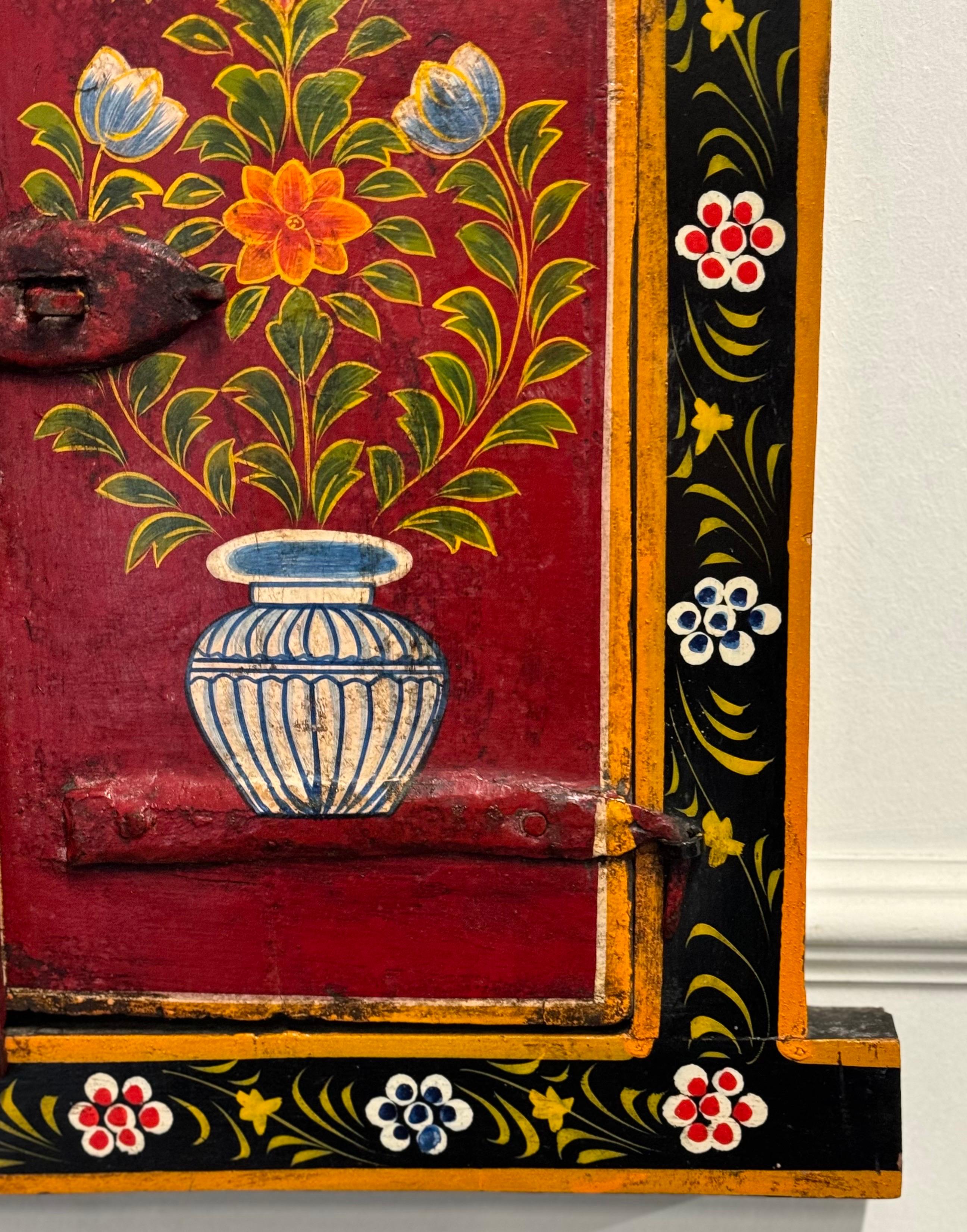 20th Century OLD INDiAN PAINTED WOOD WINDOW FRAME FLOWER AND VASE  For Sale