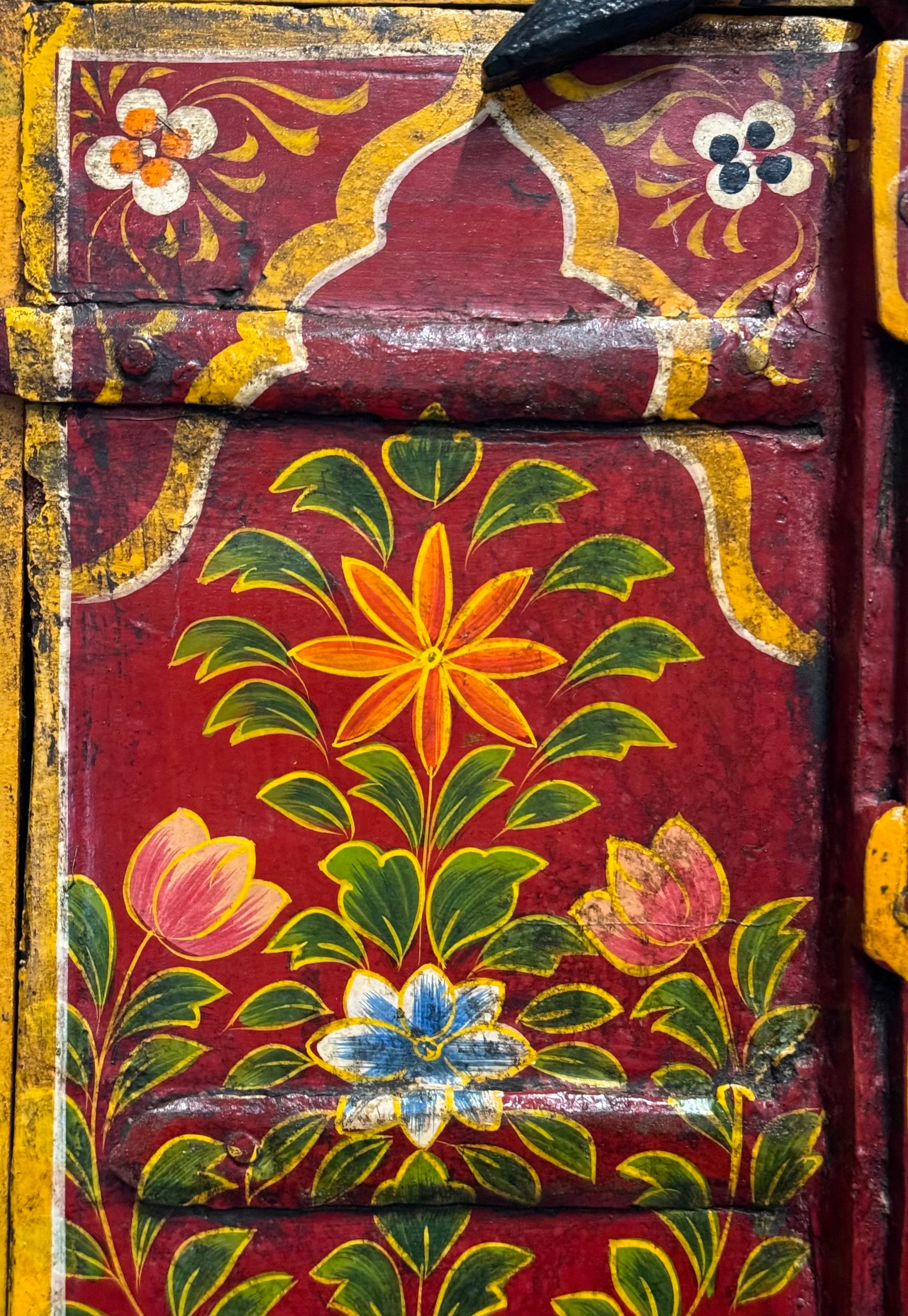 Hardwood OLD INDiAN PAINTED WOOD WINDOW FRAME FLOWER AND VASE  For Sale