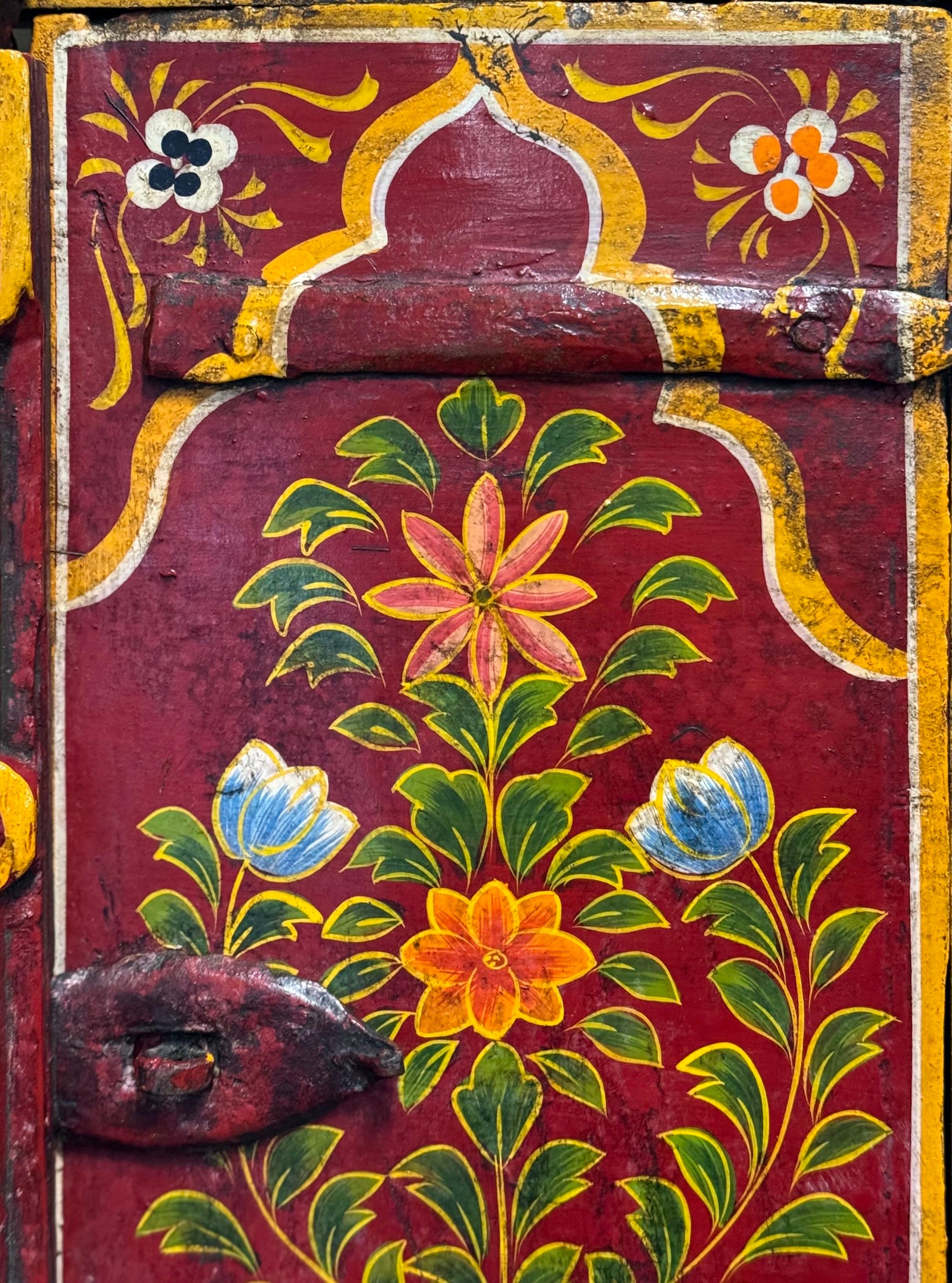 OLD INDiAN PAINTED WOOD WINDOW FRAME FLOWER AND VASE  For Sale 1