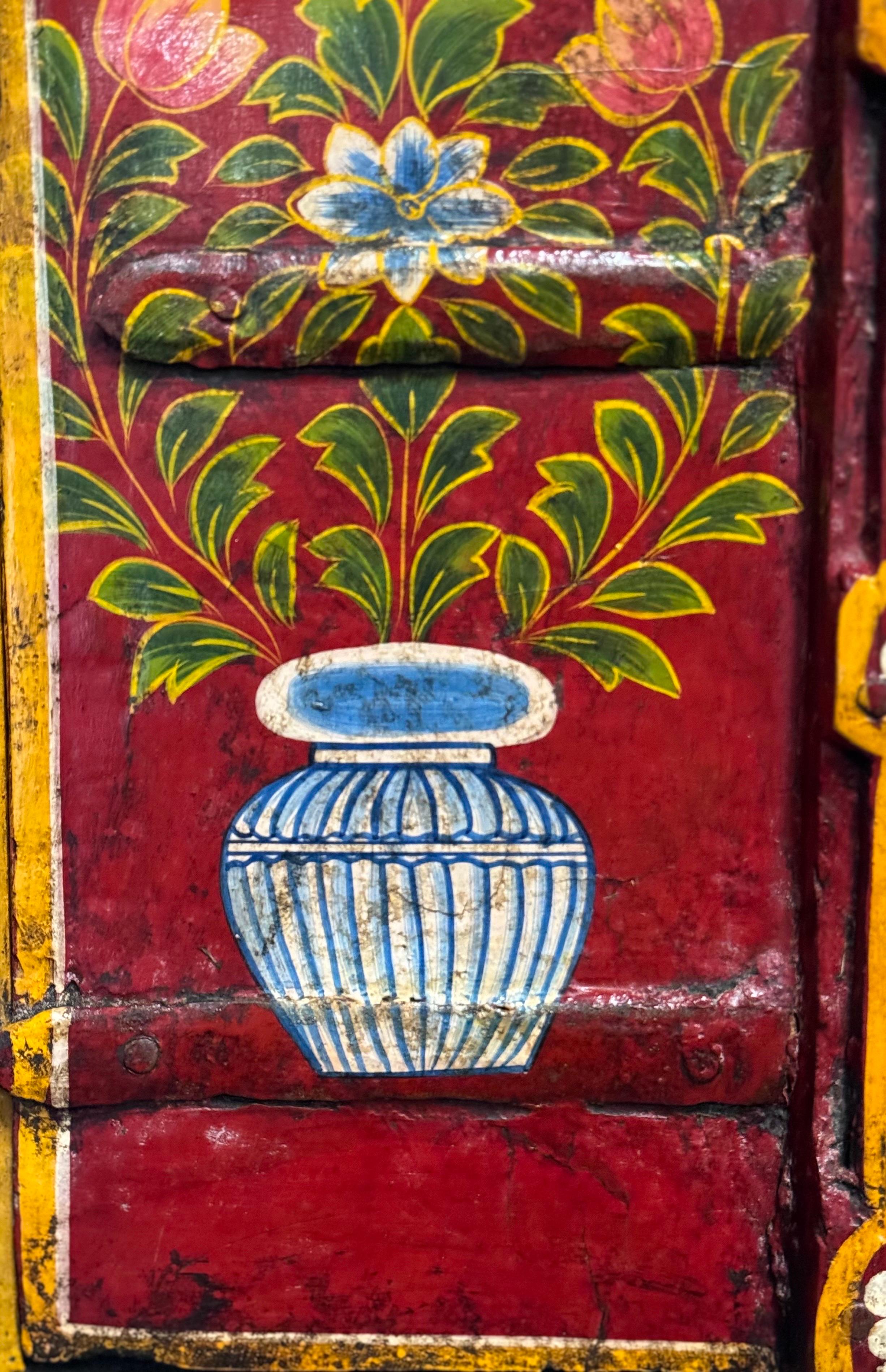 OLD INDiAN PAINTED WOOD WINDOW FRAME FLOWER AND VASE  For Sale 2