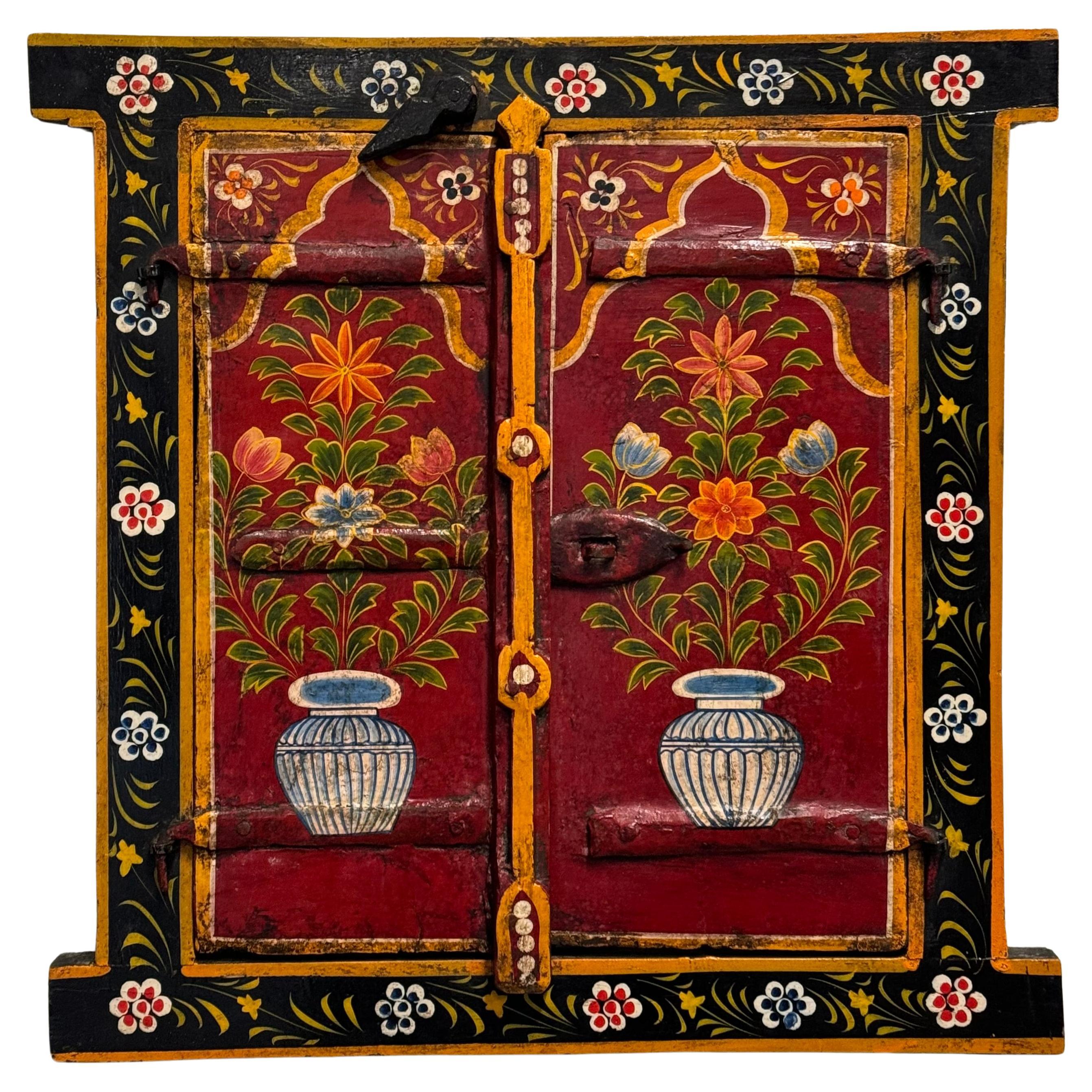 OLD INDiAN PAINTED WOOD WINDOW FRAME FLOWER AND VASE 