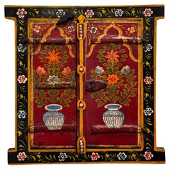 OLD INDiAN PAINTED WOOD WINDOW FRAME FLOWER AND VASE 