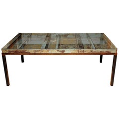 Old Industrial Steel 
Tole Coffee Table with Glass Top, Custom Base