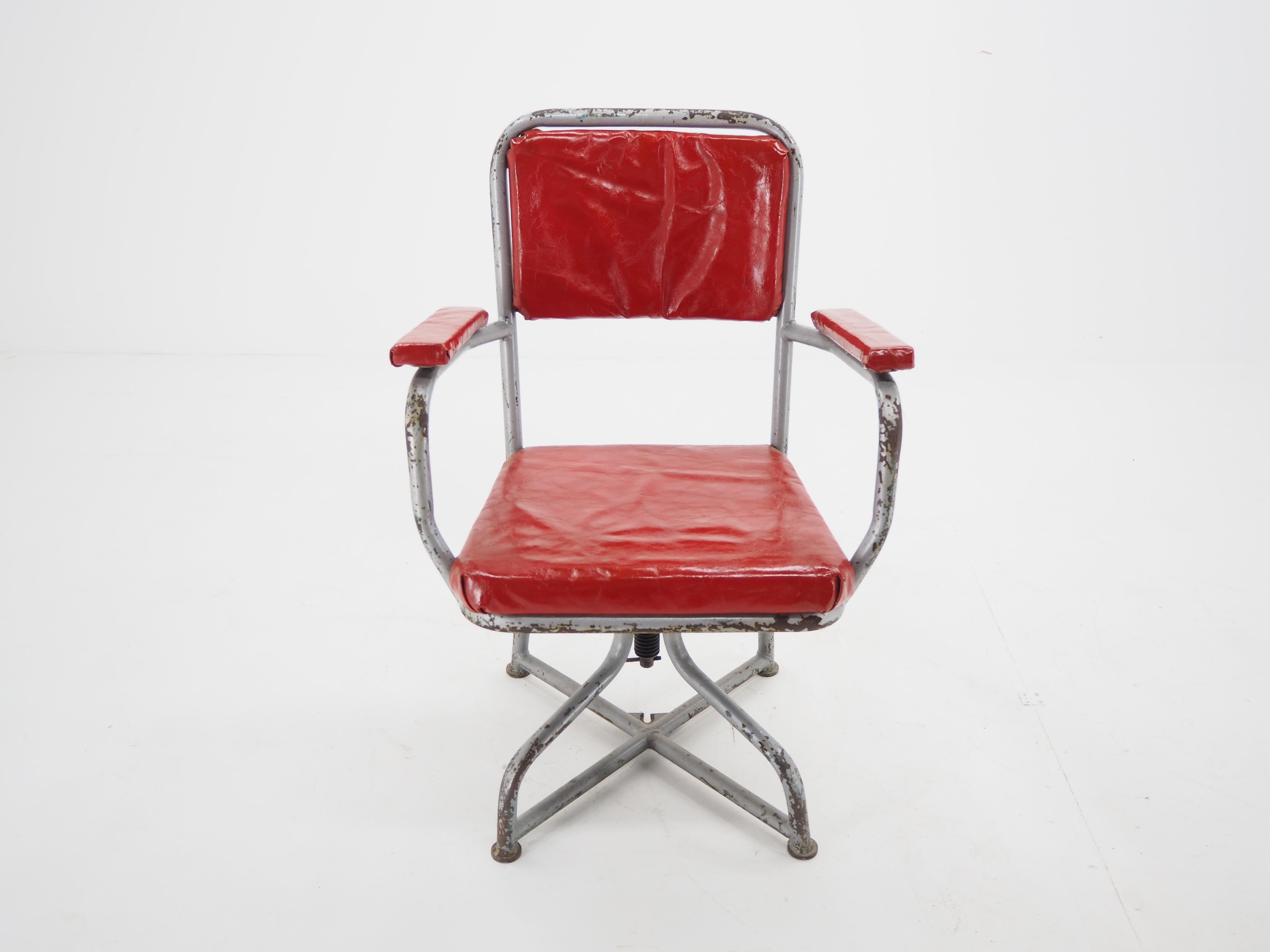 Old Industrial Metal Swivel Adjustable Leather Armchair/Chair  In Fair Condition In Praha, CZ