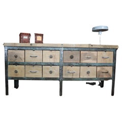 Used Old Industrial Workbench in Iron and Beechwood with 12 Drawers