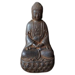 Statua in ferro di Shakyamuni Buddha seduto su un loto, 24 cm.