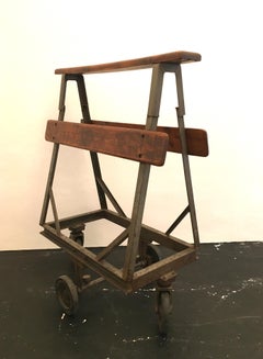 Old Iron Wood Industrial Rolling Cart Leather, 1920s
