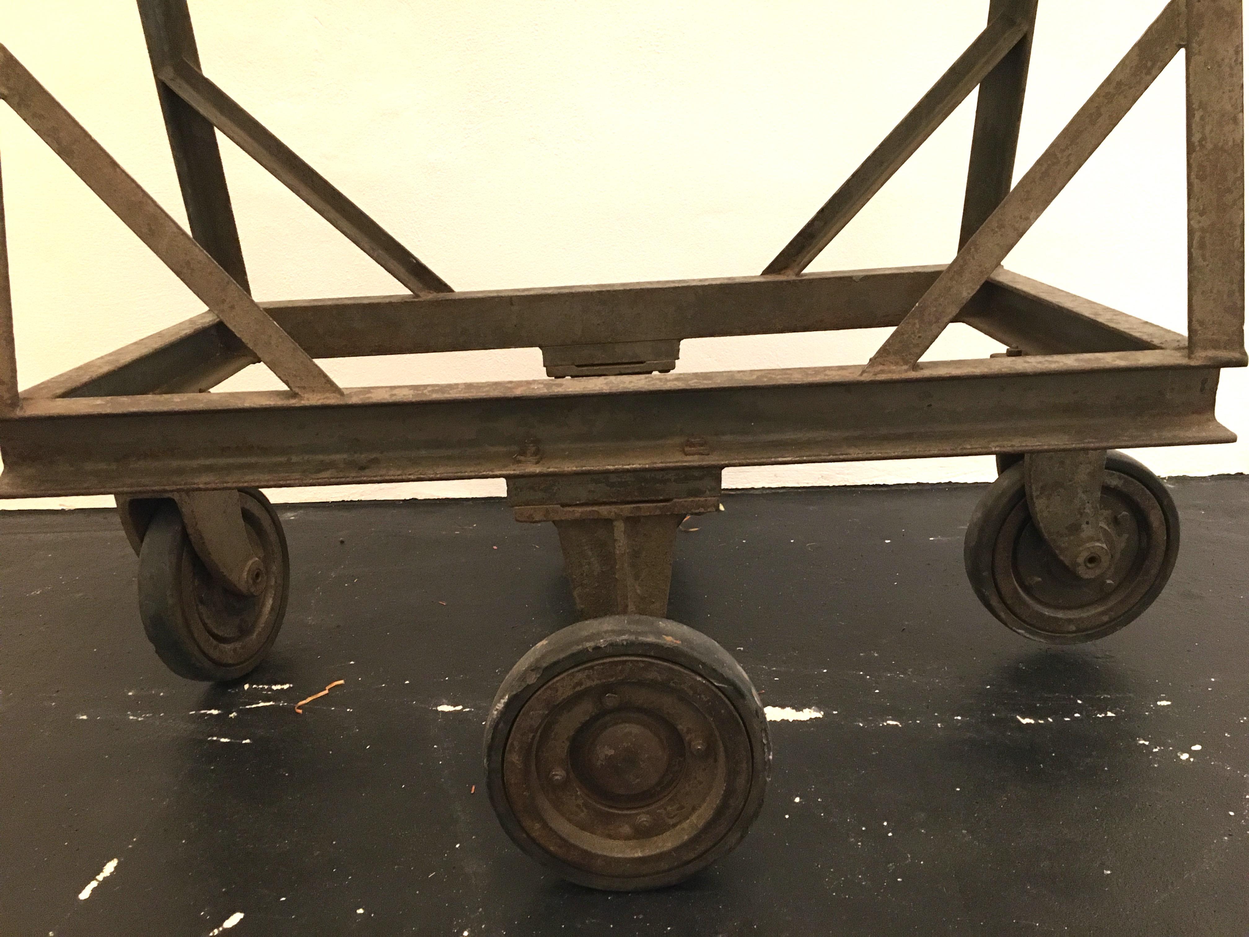 Czech Old Iron Wood Industrial Rolling Cart Leather, 1920s For Sale