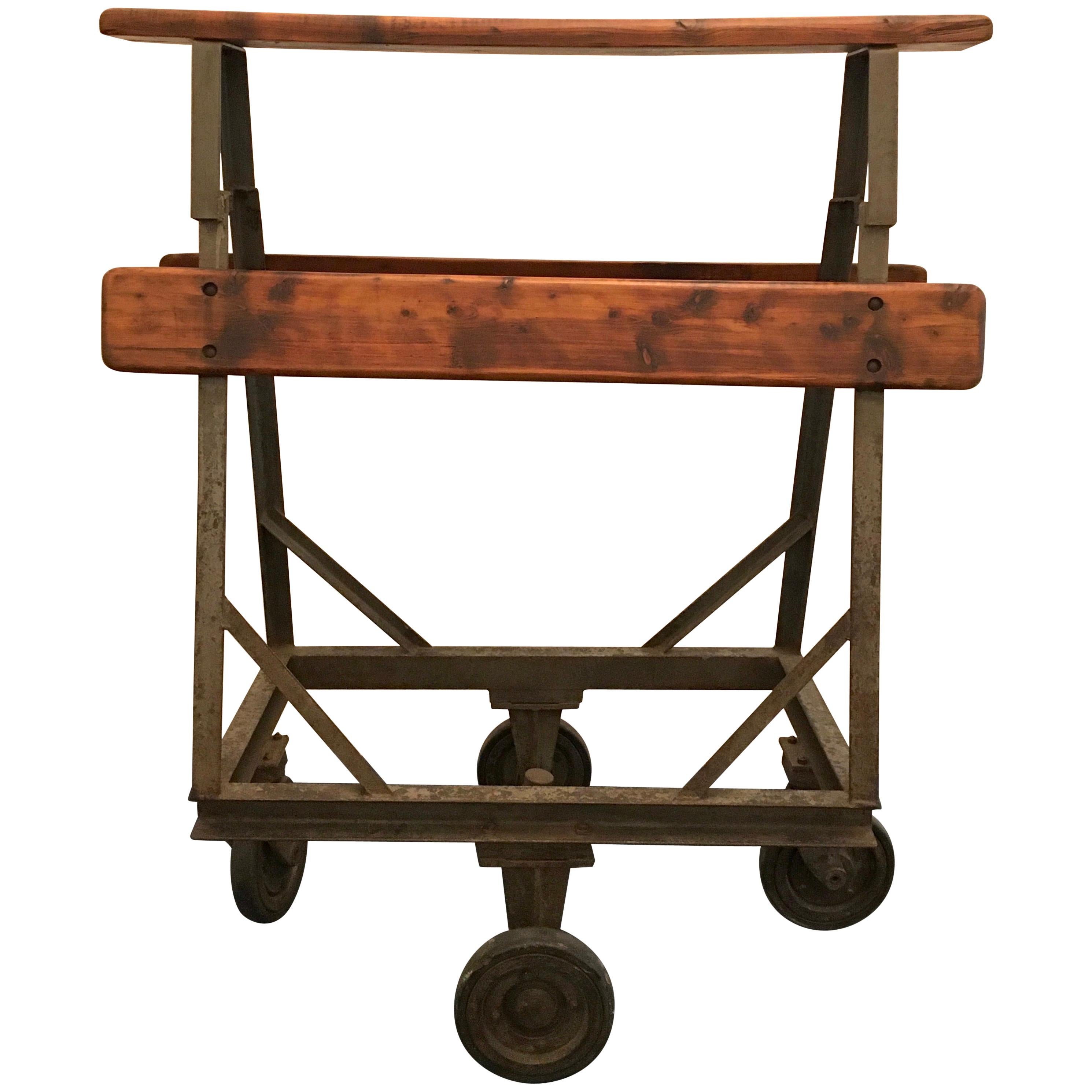 Old Iron Wood Industrial Rolling Cart Leather, 1920s