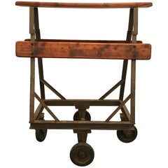 Vintage Old Iron Wood Industrial Rolling Cart Leather, 1920s