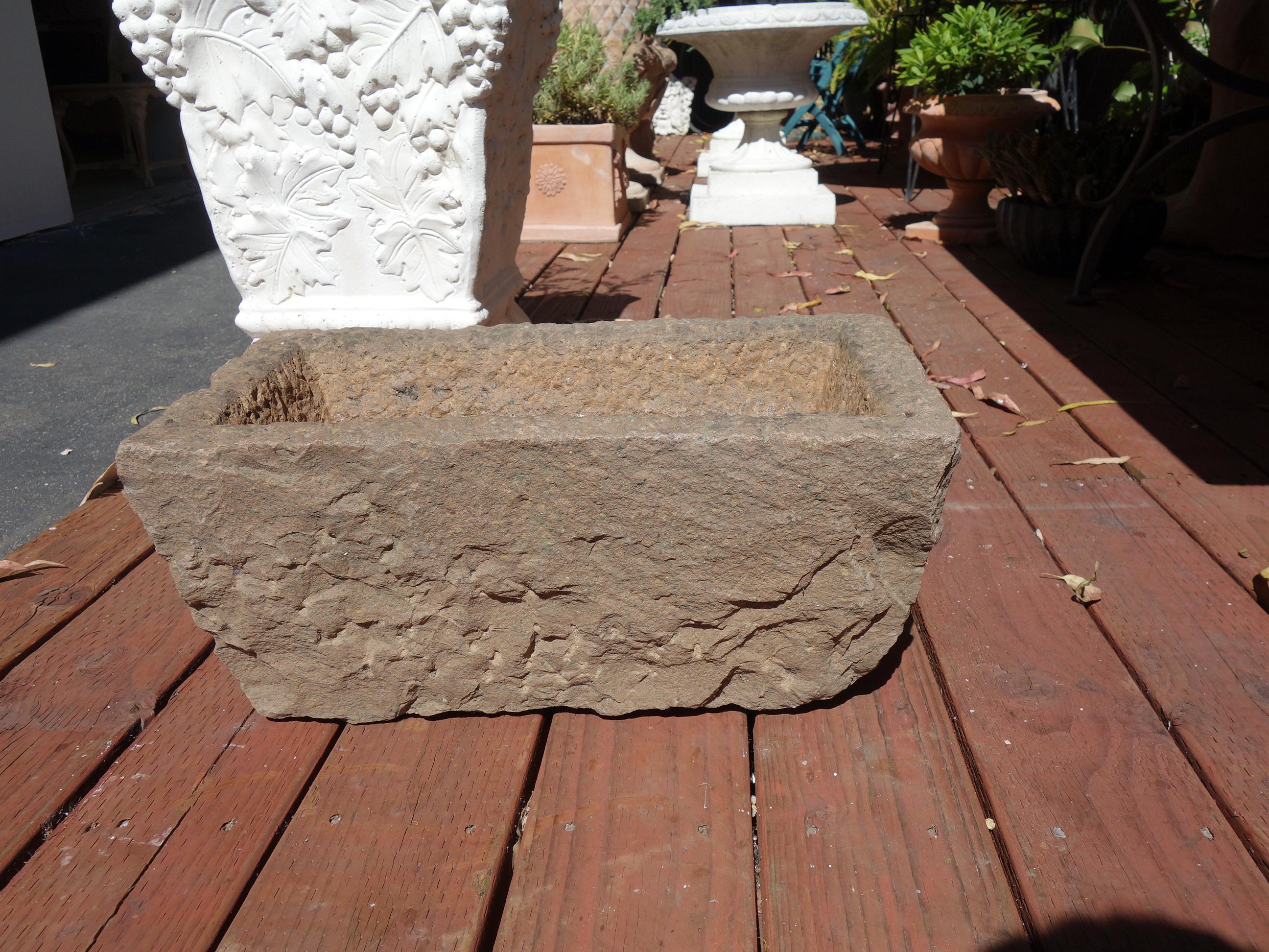 Primitive Old Italian Carved Stone Trough with Rectangular Tapered Basin and Aged Patina