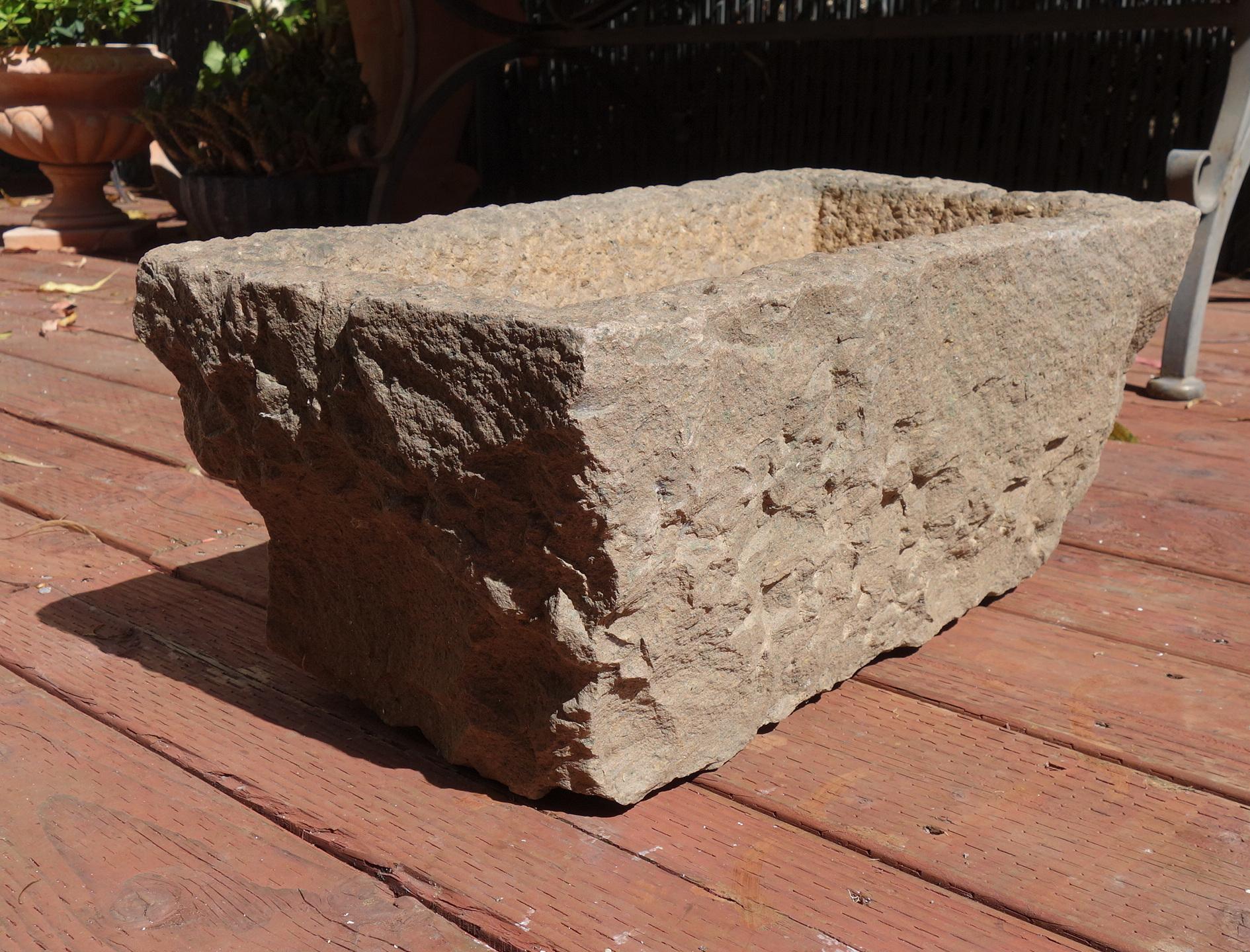 19th Century Old Italian Carved Stone Trough with Rectangular Tapered Basin and Aged Patina