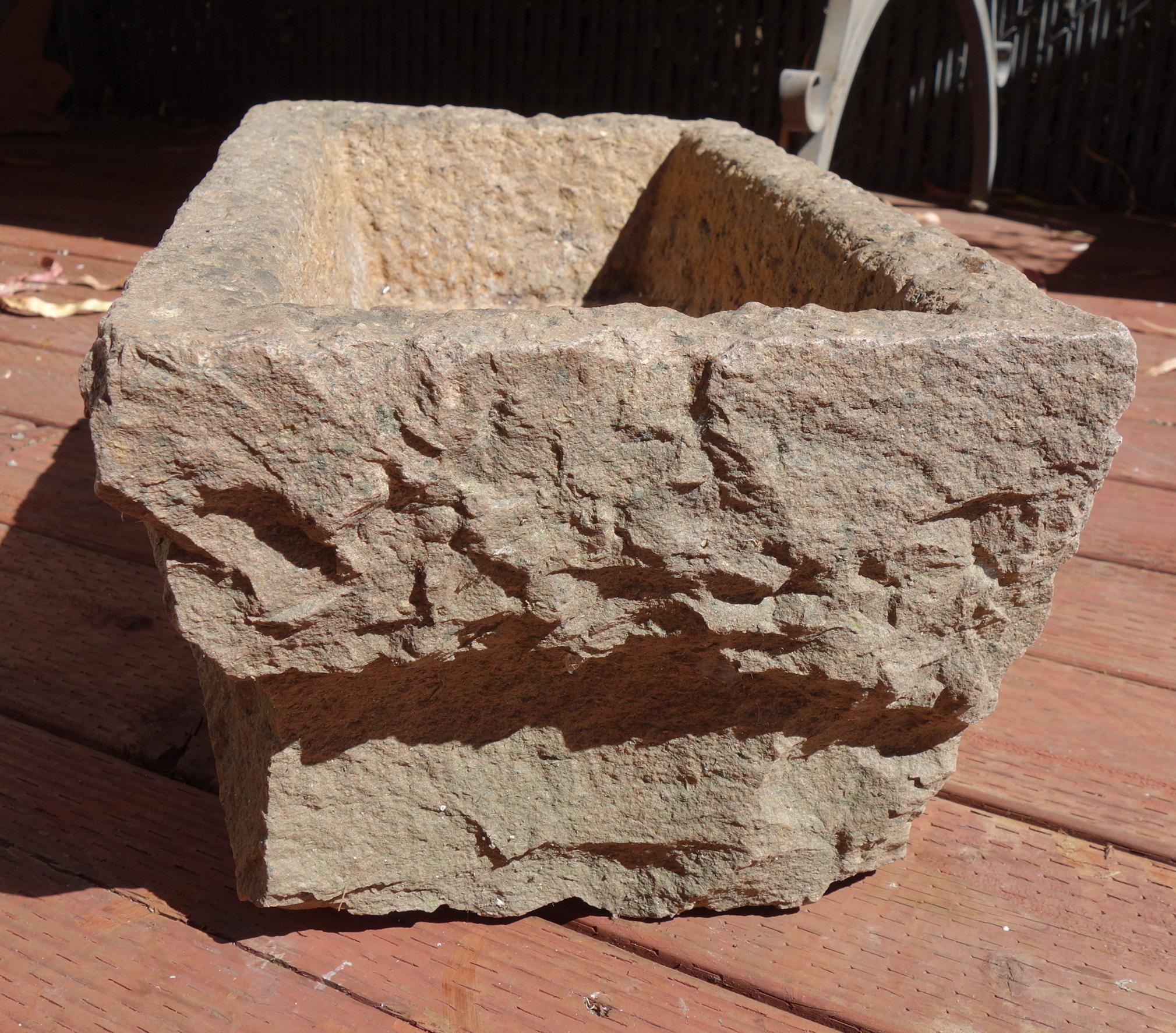 Limestone Old Italian Carved Stone Trough with Rectangular Tapered Basin and Aged Patina