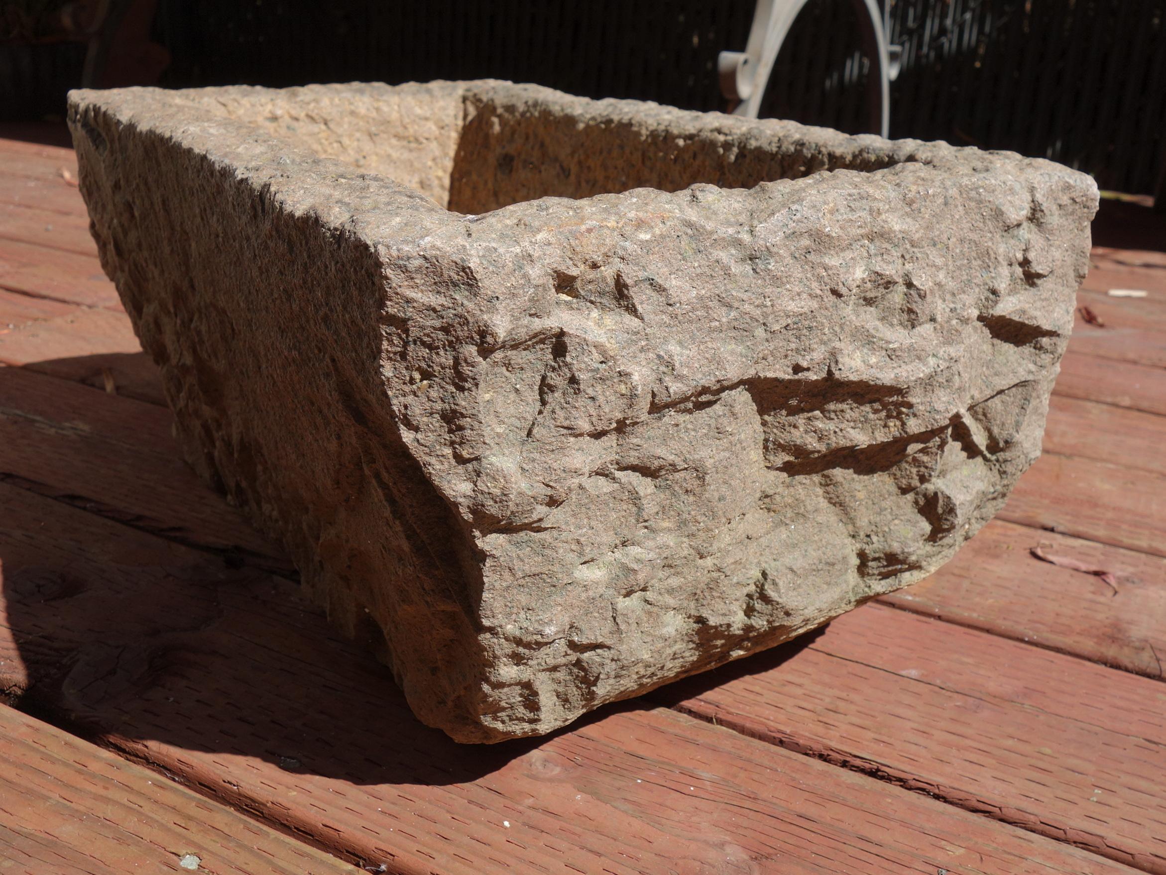 Old Italian Carved Stone Trough with Rectangular Tapered Basin and Aged Patina 2
