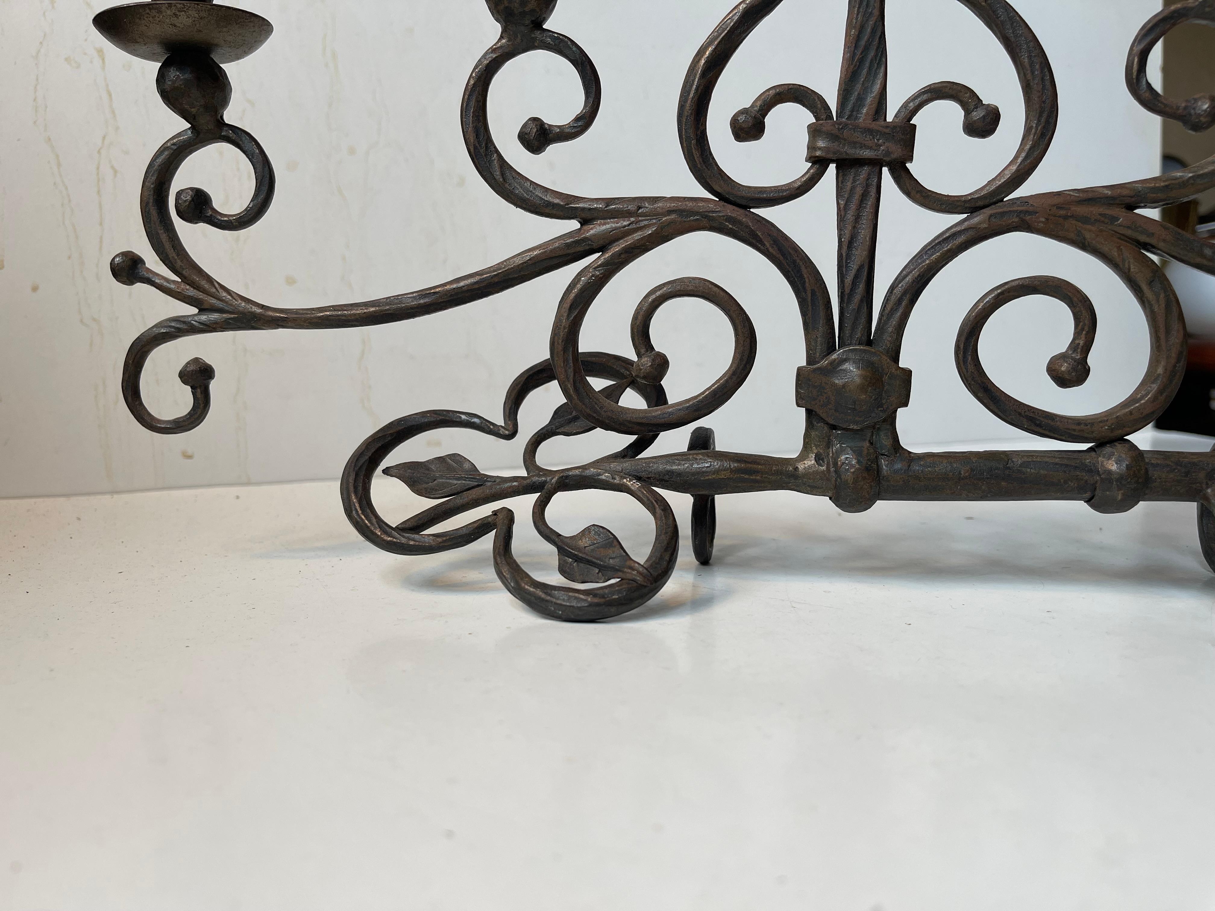 Art Nouveau Old Italian Hand-Forged Wrought Iron Church 'Key' Candelabra w. 5 arms For Sale