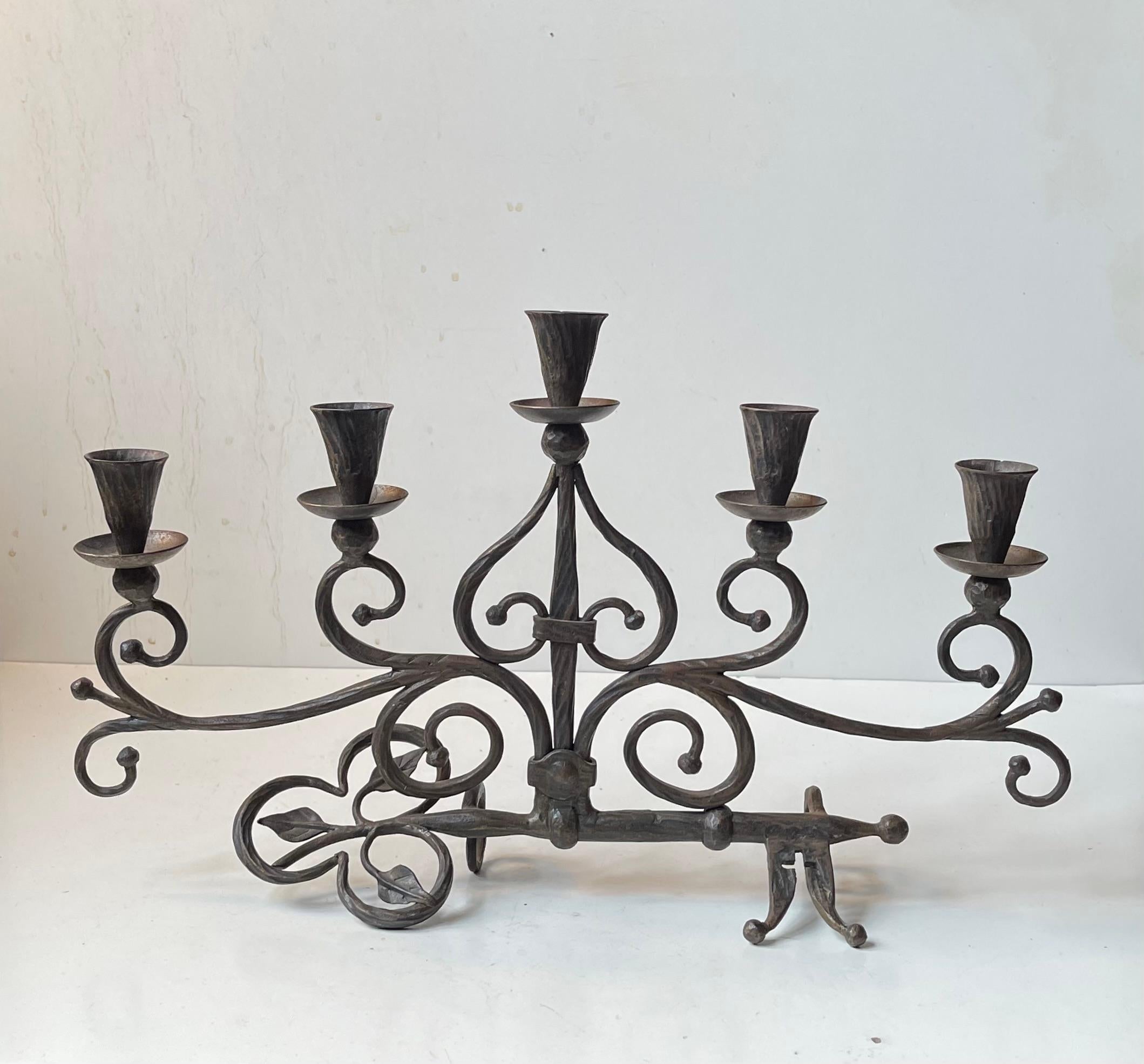 Old Italian Hand-Forged Wrought Iron Church 'Key' Candelabra w. 5 arms For Sale 1