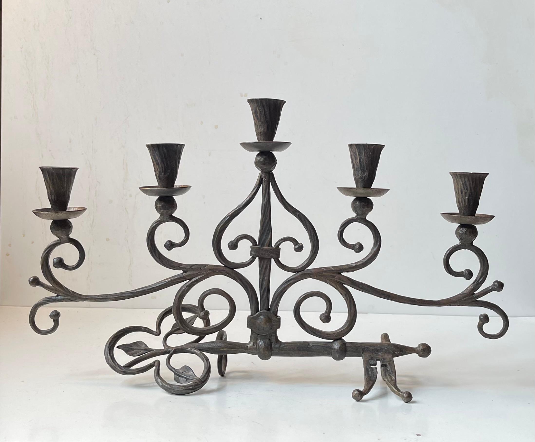 Old Italian Hand-Forged Wrought Iron Church 'Key' Candelabra w. 5 arms For Sale 2