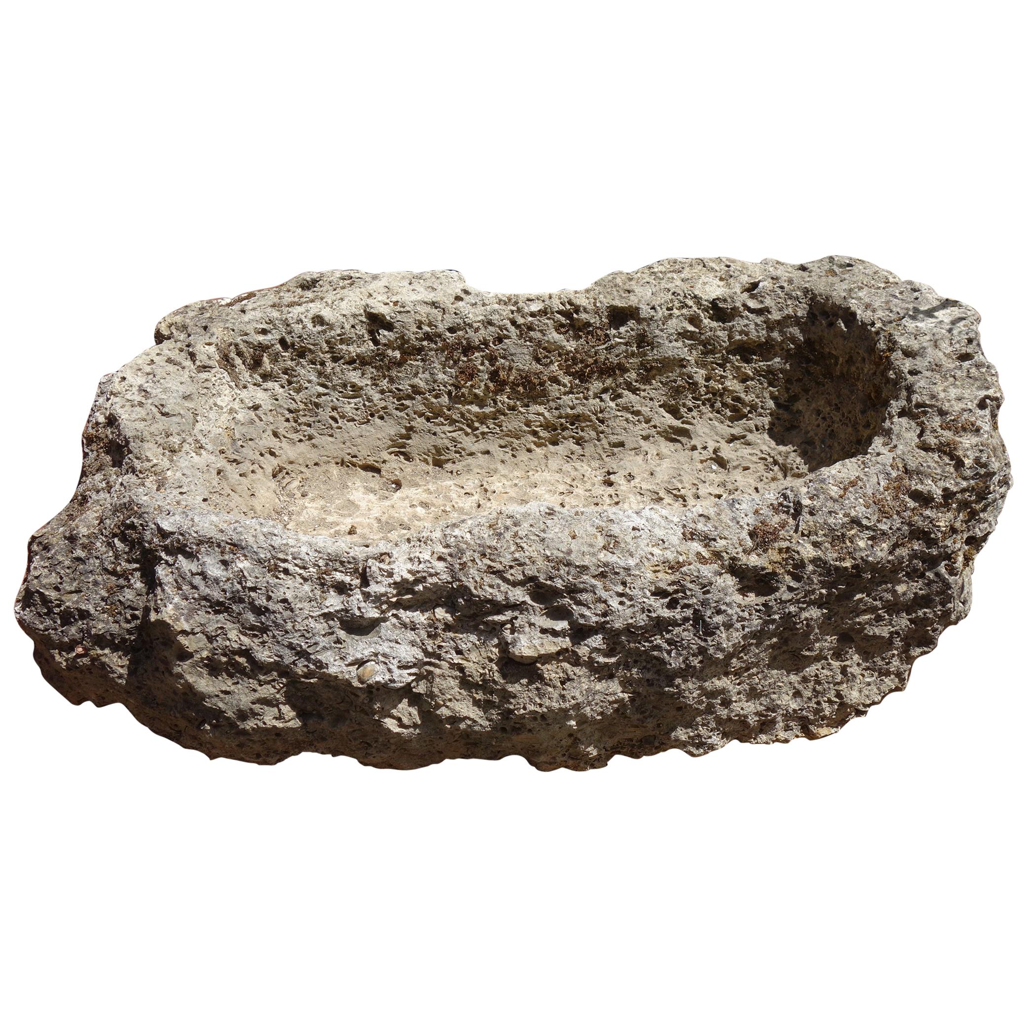 Ancienne auge italienne primitive en pierre fossile sculptée à la main dans un calcaire ancien