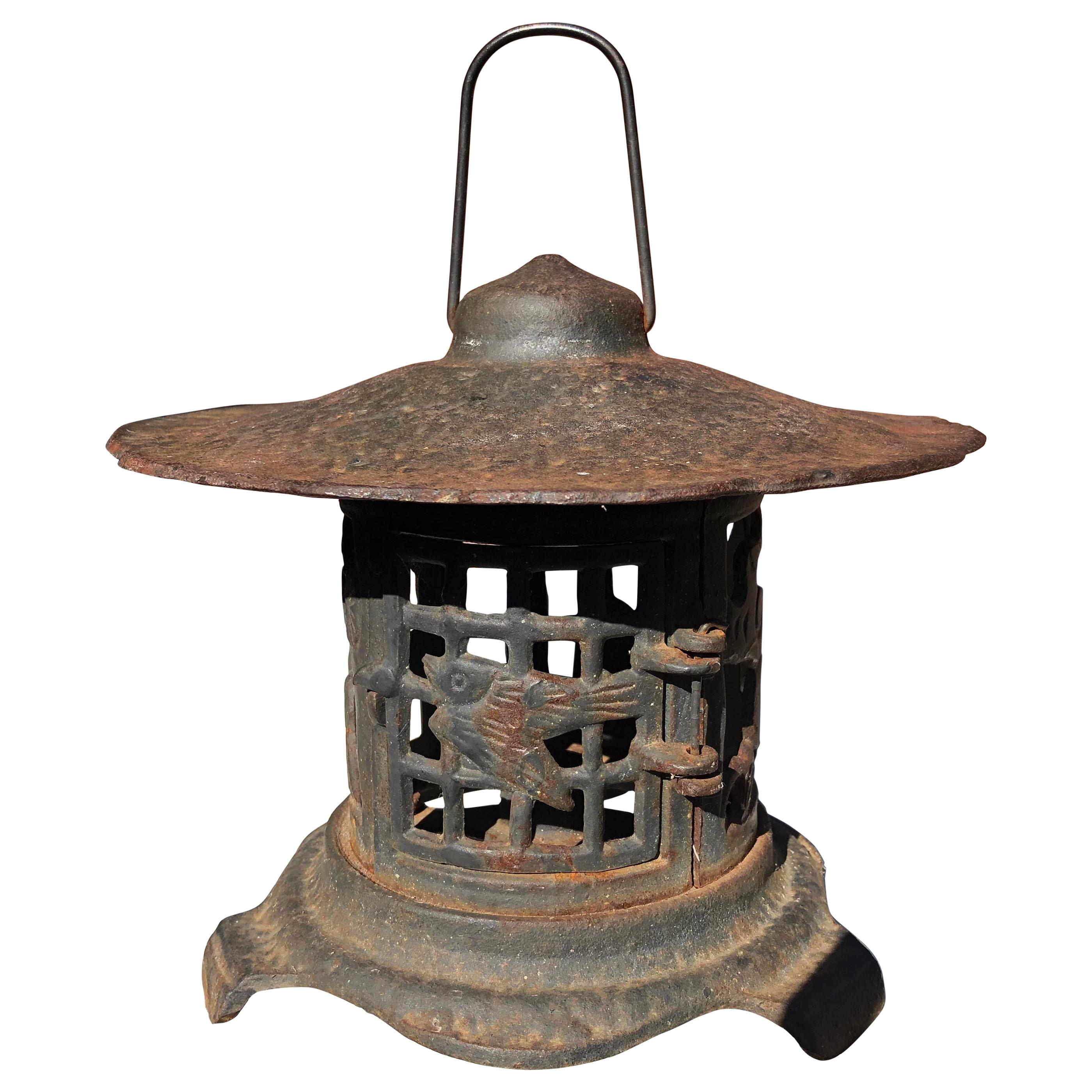 Old Japan Blue Lantern With "Birds and Bamboo" 