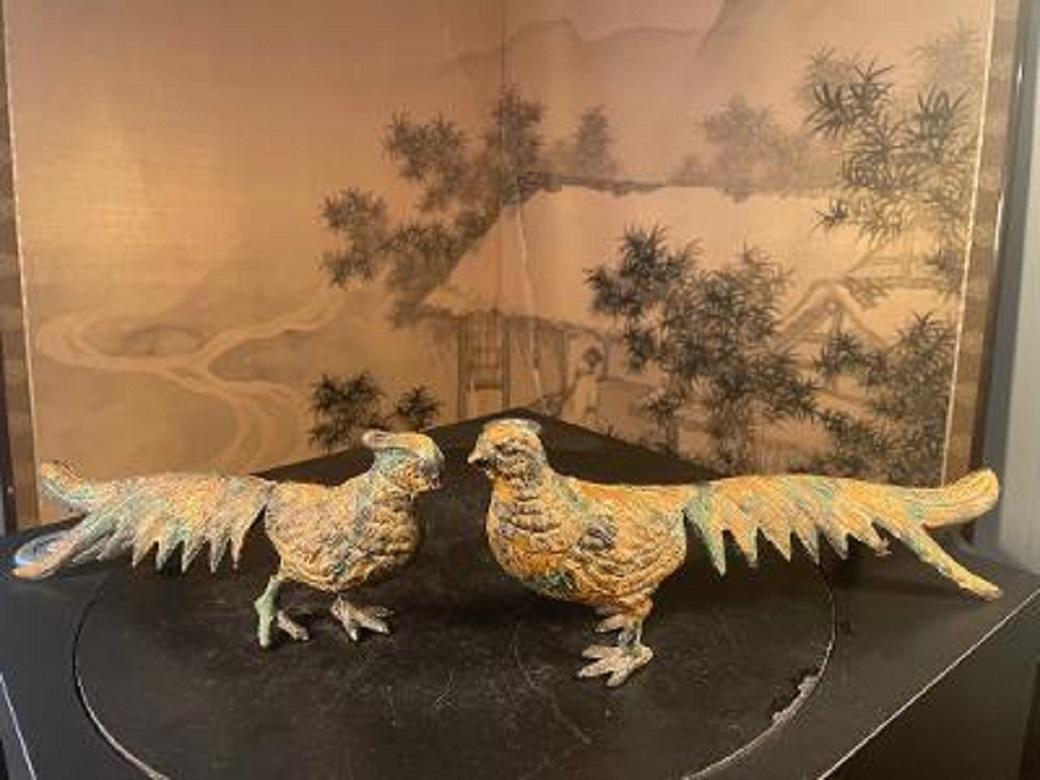 Taisho Old Japan Pair Exotic Gilt Long Tailed Pheasants 