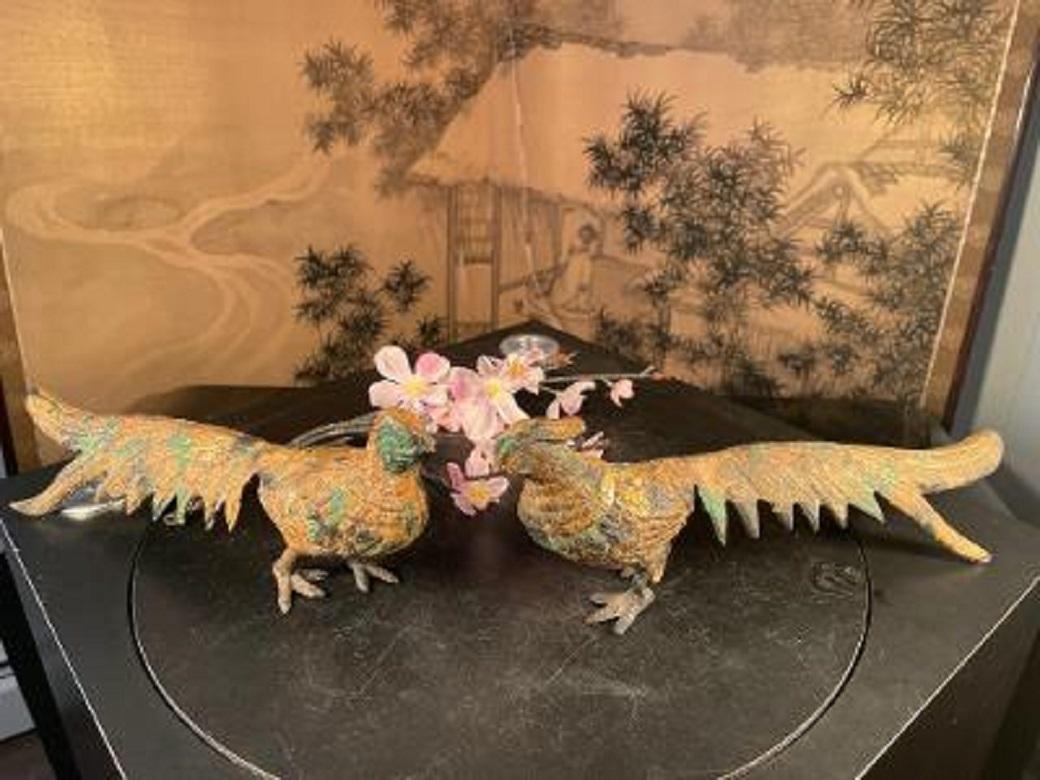 Japanese Old Japan Pair Exotic Gilt Long Tailed Pheasants 