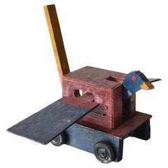 Vintage Old Japanese Anonymous Handicraft Mechanical Wooden Toy Flying Bird with wheel