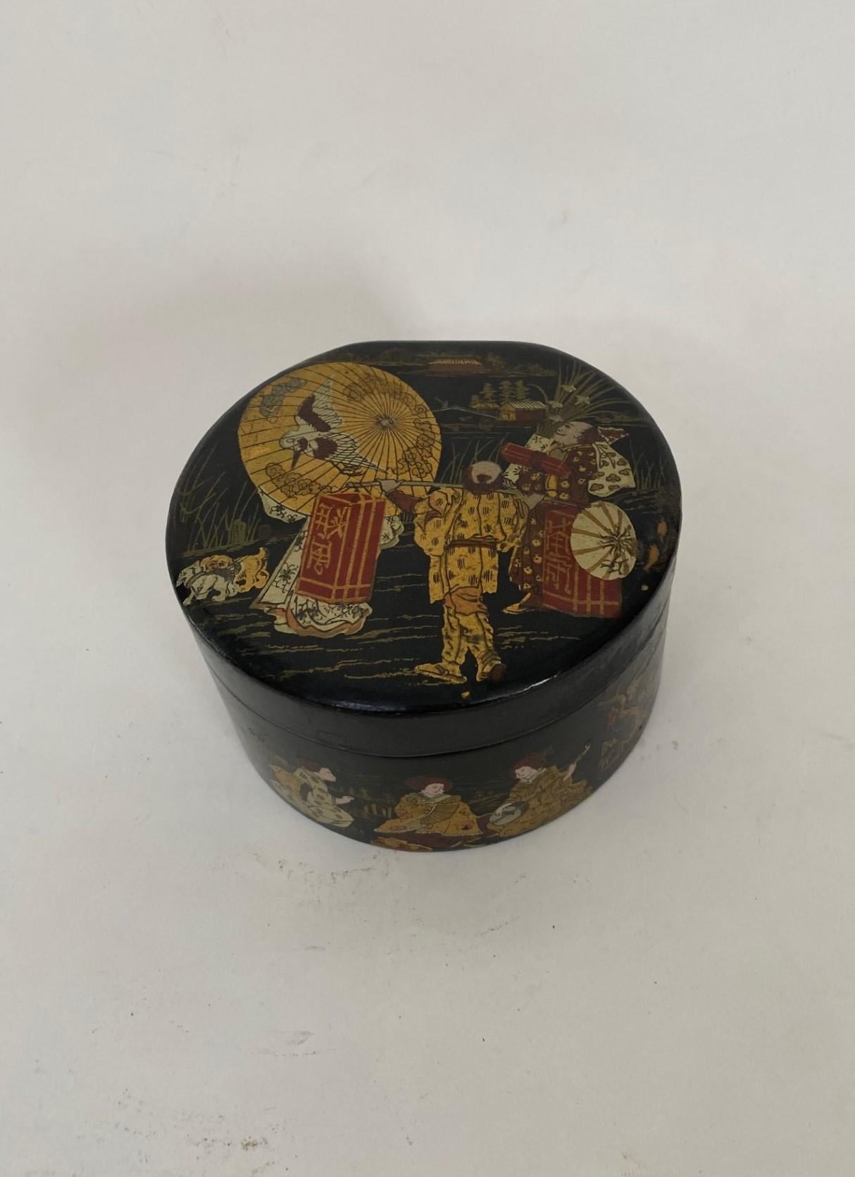Attractive old Japanese black lacquered round papier-mache box with hand painted decoration and hinged top.