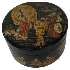 Old Japanese Black Lacquered Decorative Round Papier Mache Box with Hinged Top