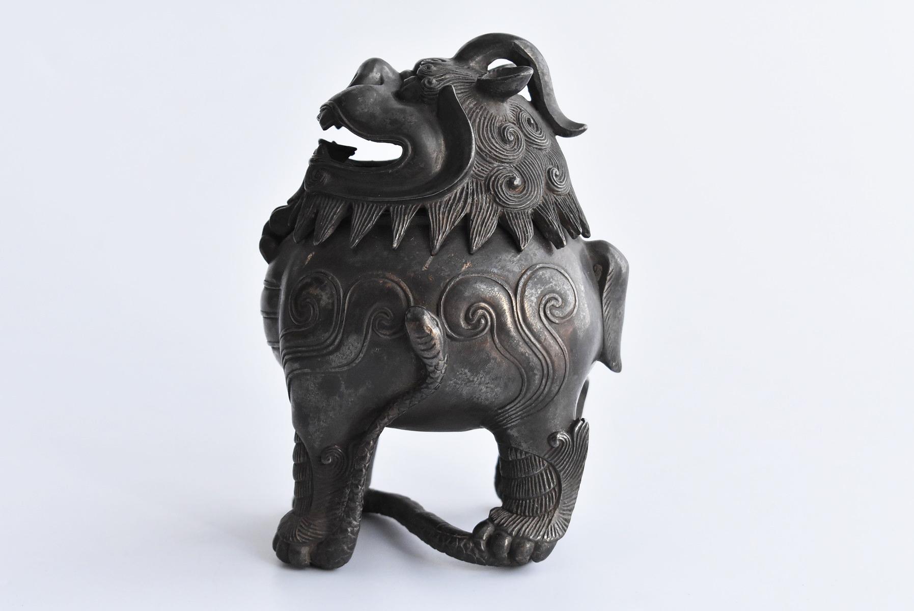 Bronzed Old Japanese Copperware or Incense Burner in the Shape of a Lion/Carved Figurine