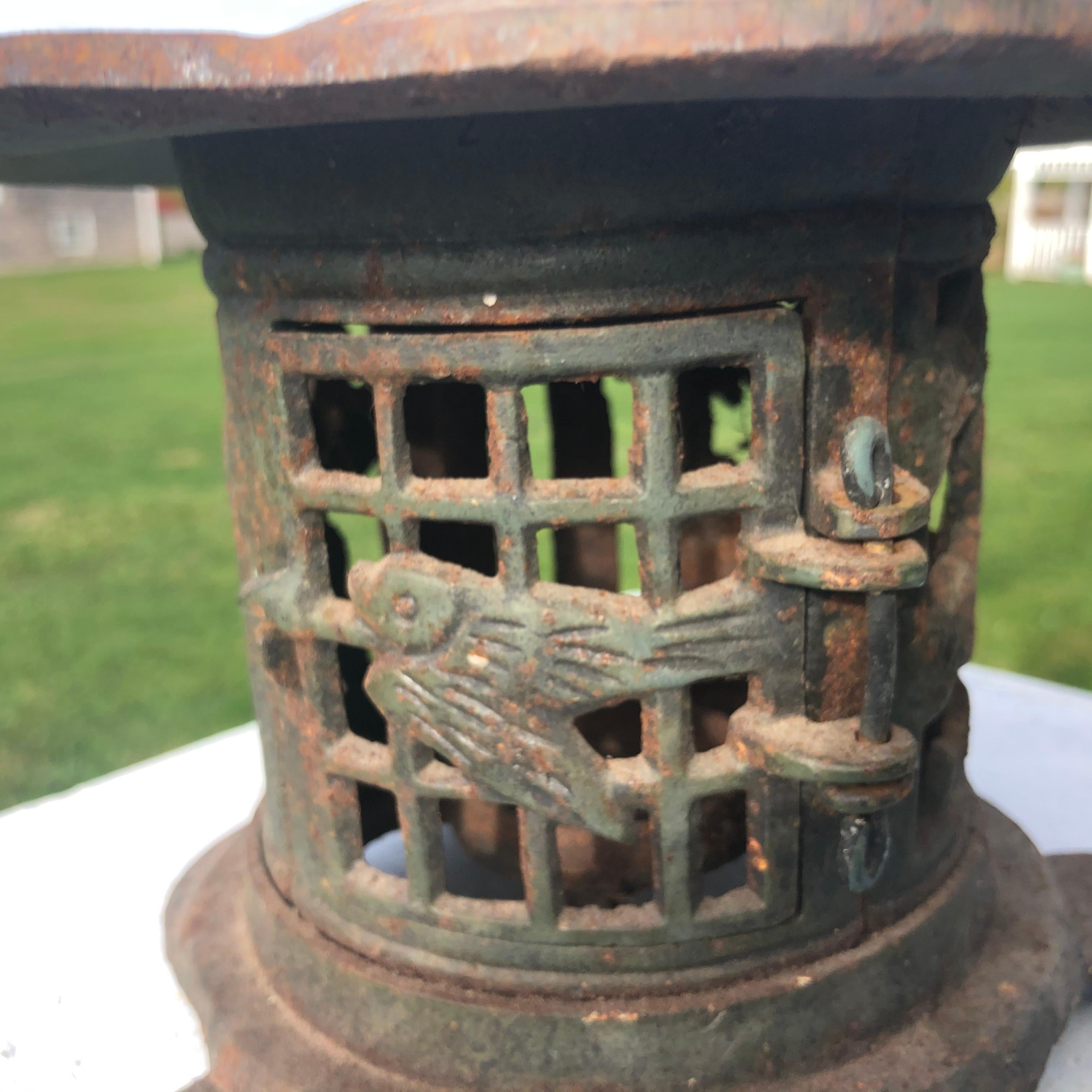 Old Japanese Hand Cast Lantern Birds, Bamboo and Plum Trees 1