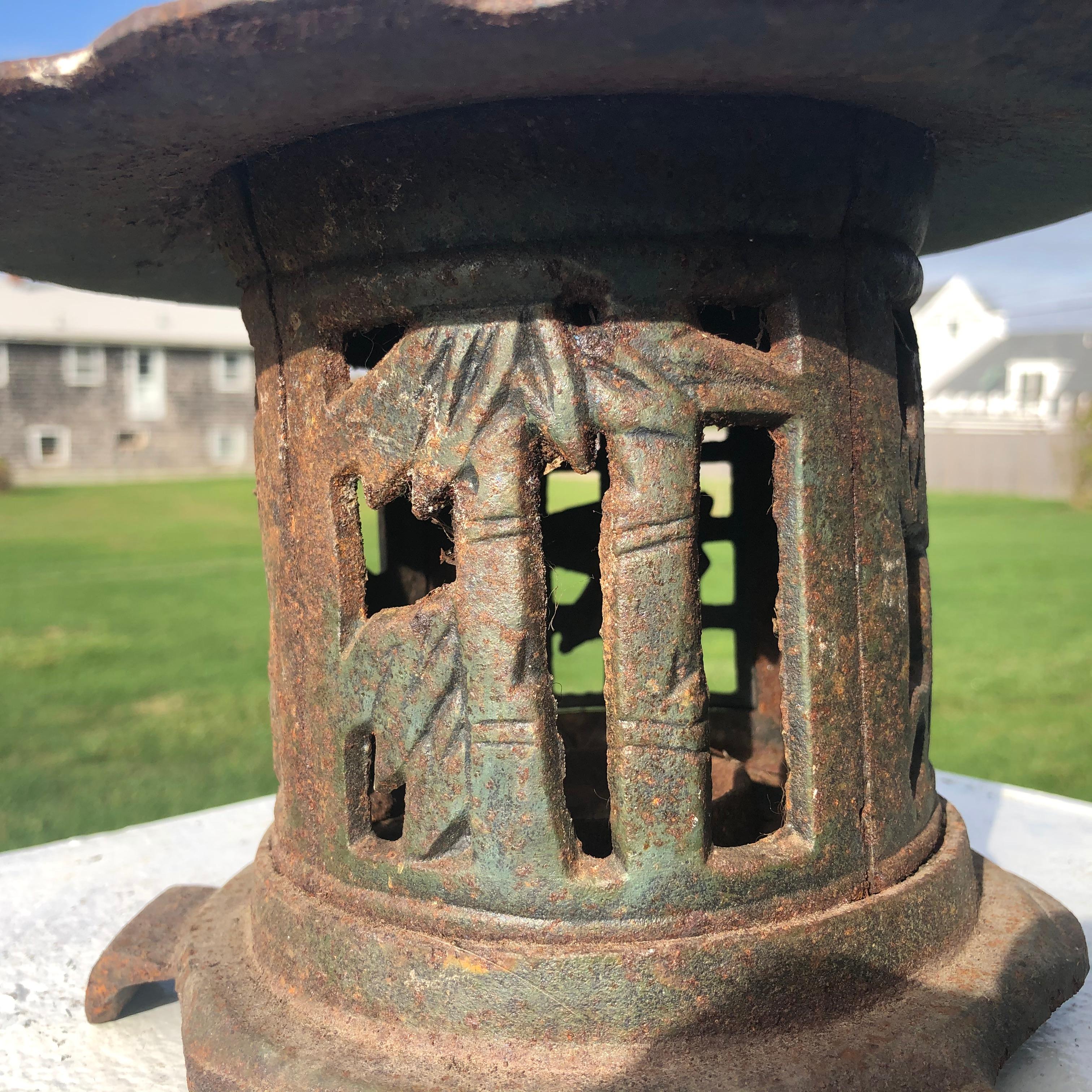 Hand-Crafted Old Japanese Hand Cast Lantern Birds, Bamboo and Plum Trees