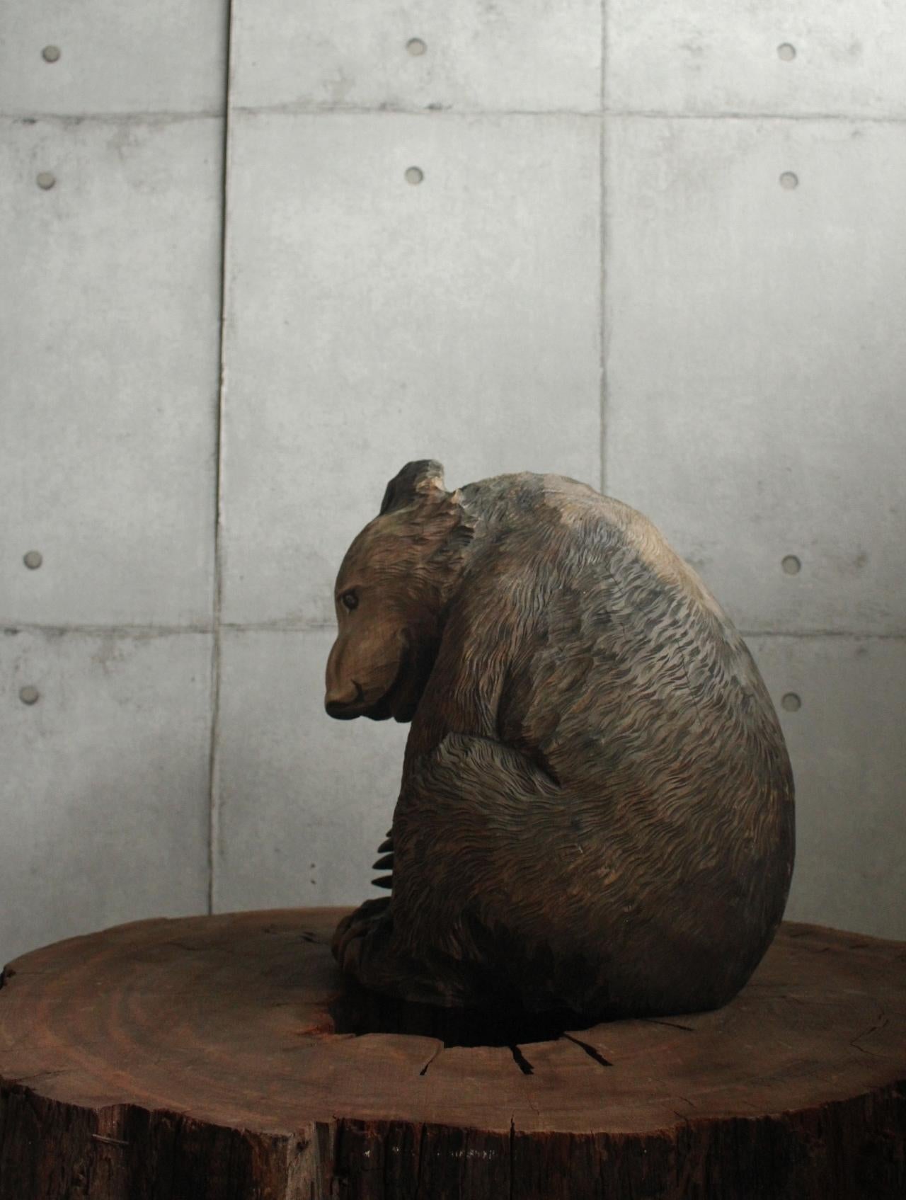 Old Japanese Hokkaido Folk Crafts Large Wood Carving Sitting Bear For Sale 6