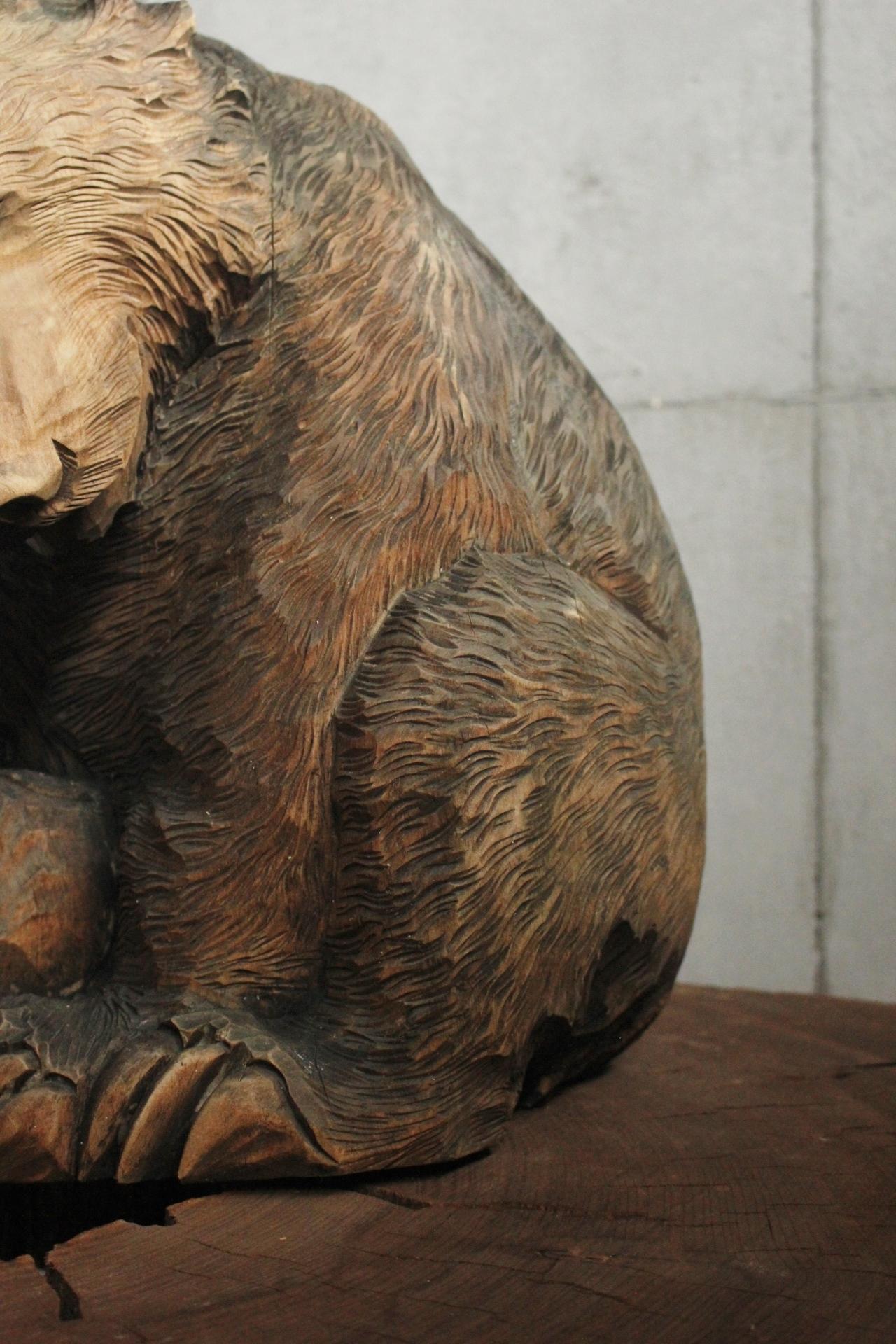 20th Century Old Japanese Hokkaido Folk Crafts Large Wood Carving Sitting Bear For Sale