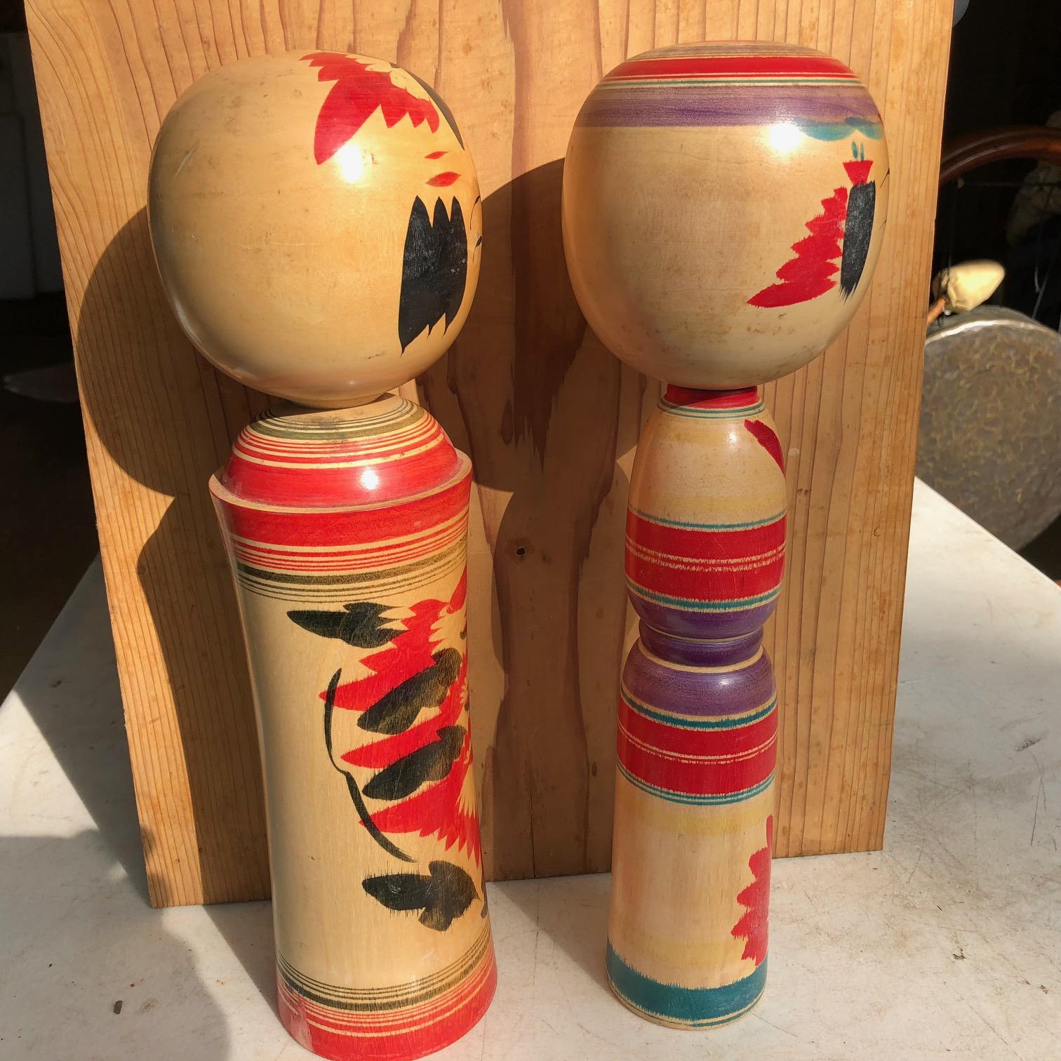 Old Japanese Pair of Famous Kokeshi Dolls Hand Painted Rich Vibrant Color In Good Condition In South Burlington, VT
